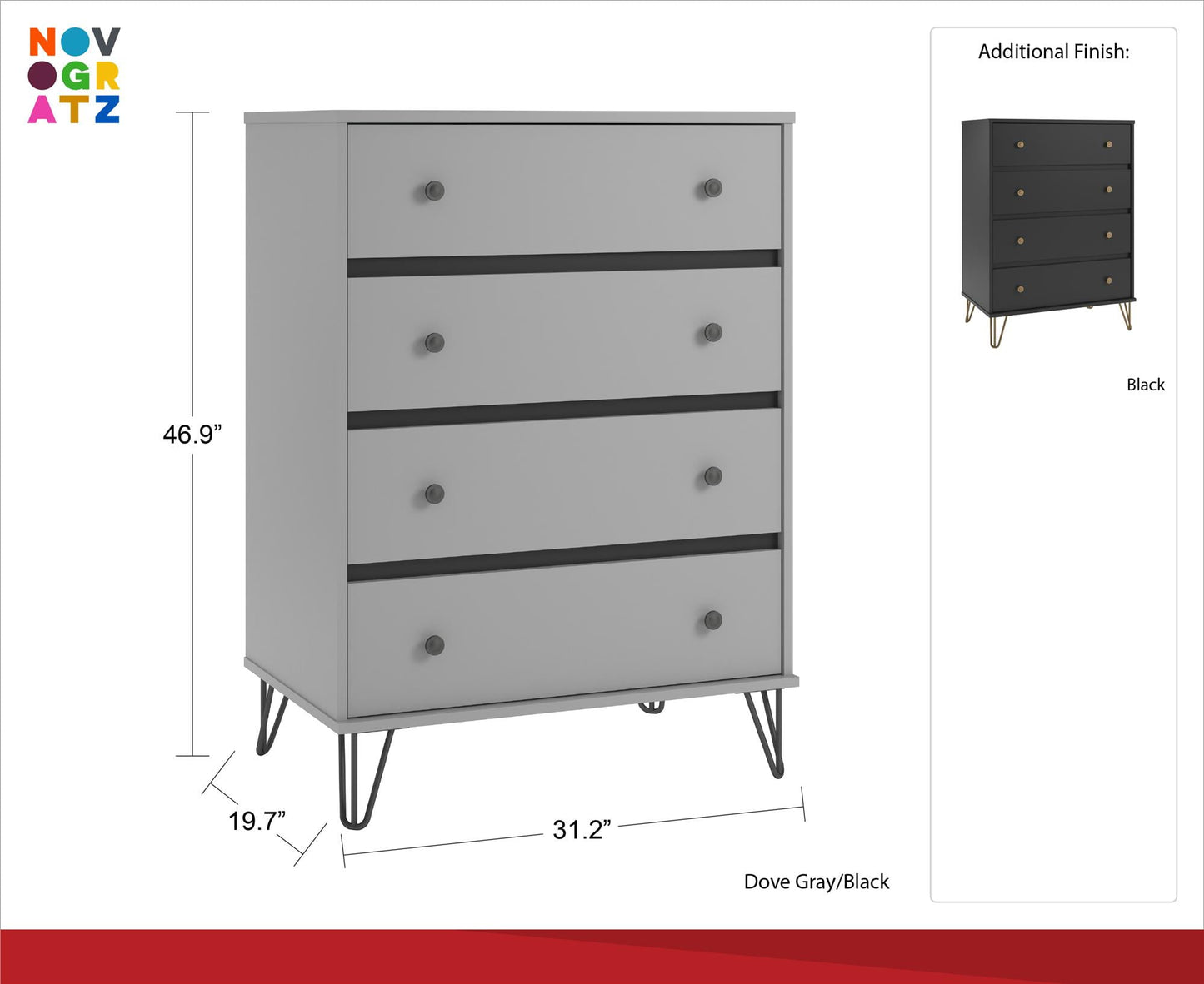 Novogratz Owen Mid-Century Modern 4 Drawer Dresser