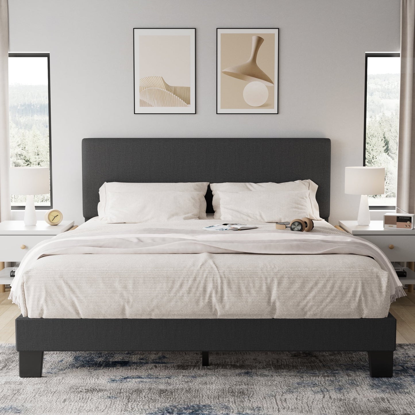 Lifezone Queen Bed Frame, Dark Gray, Adjustable Upholstered Headboard, No Box Spring Needed
