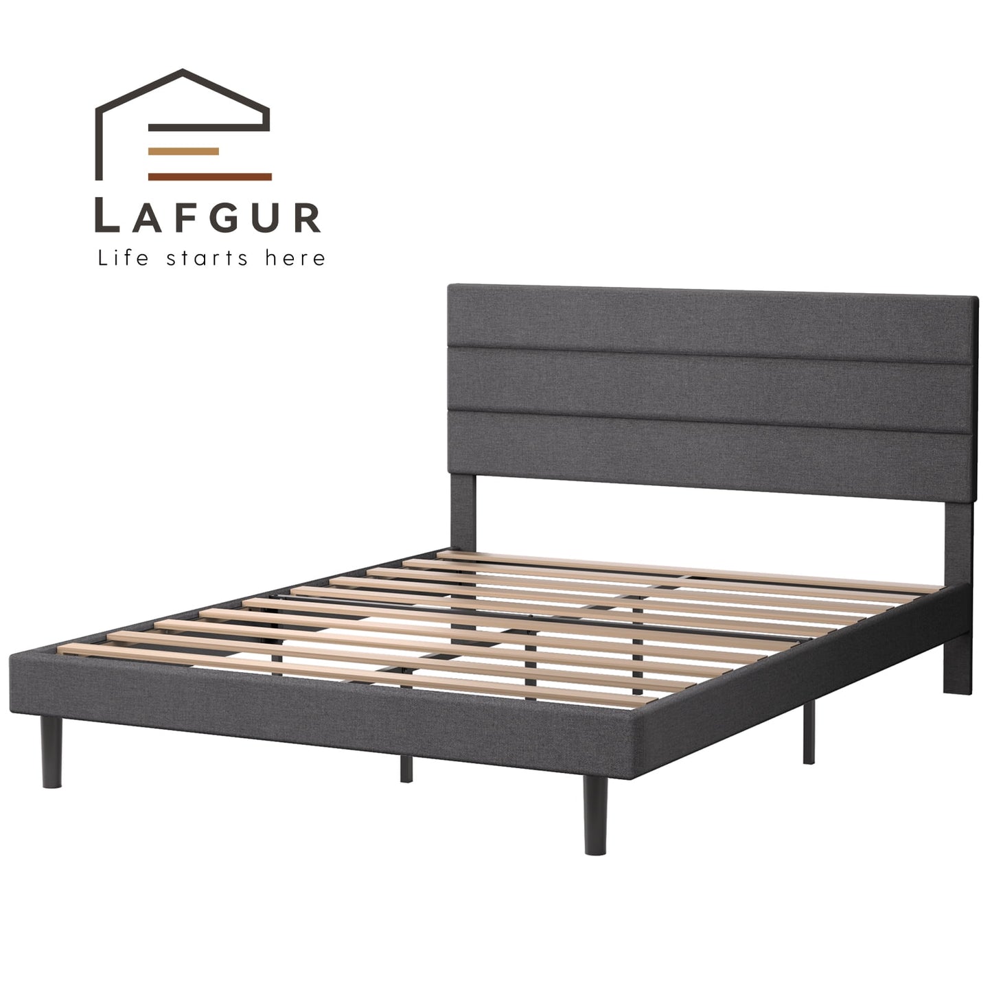 LAFGUR Queen Size Platform Bed Frame with Fabric Upholstered Headboard and Wooden Slats Support, Fully Upholstered Mattress Foundation/No Box Spring Needed/Easy Assembly, Dark Grey