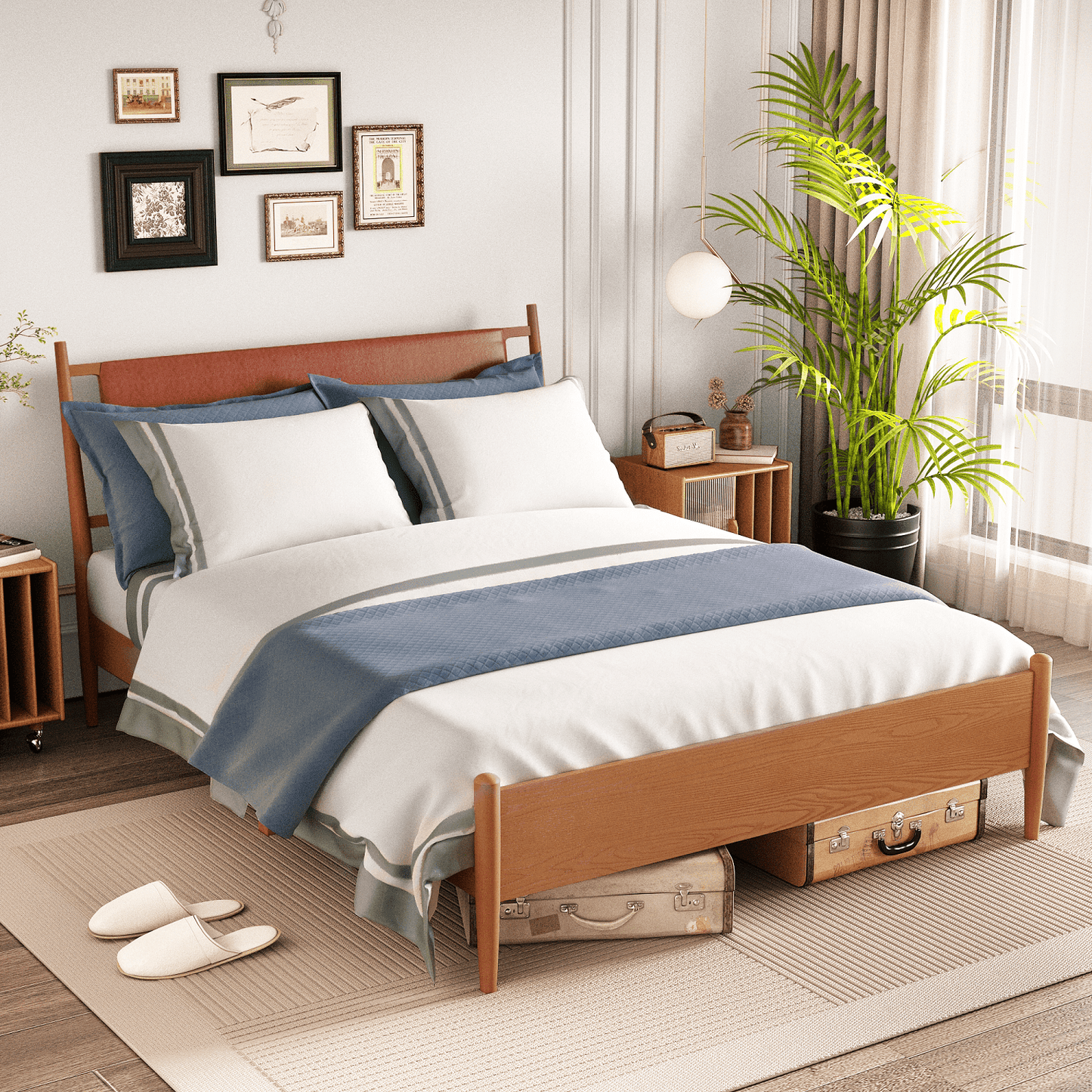 Hommow Modern Solid Wood Platform Bed, Bed Frame with Headboard, Solid Wood Bed Frame with Wood Slat Support, Queen, Orange