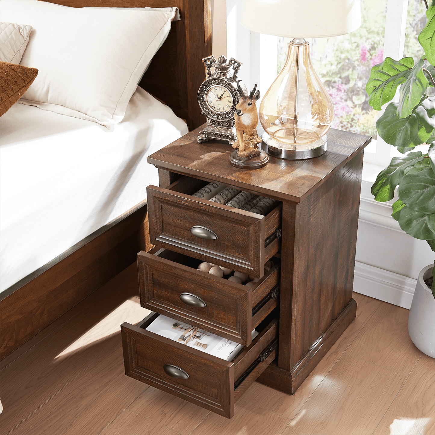 SinCiDo White Nightstand with Charging Station, 3 Drawer Dresser for Bedroom,Small Wood Rustic Dresser with Drawers,End Table Side Table for Bedroom,Living Room,Brown