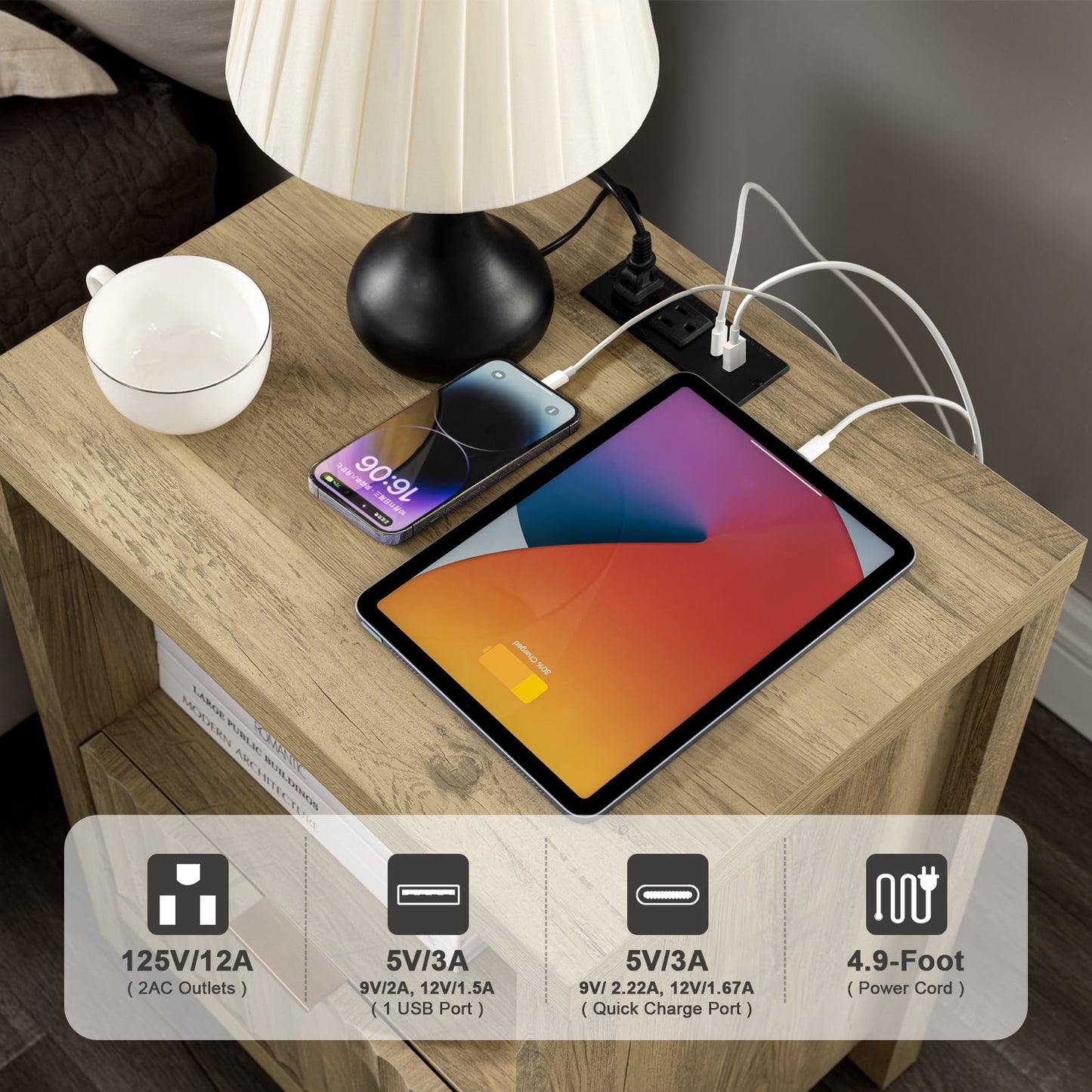 OAKHAM Nightstand with Charging Station, Bedside Tables with USB/Type-C Ports, Farmhouse Side Table End Table for Bedroom, Living Room, Sunwashed Ash Oak