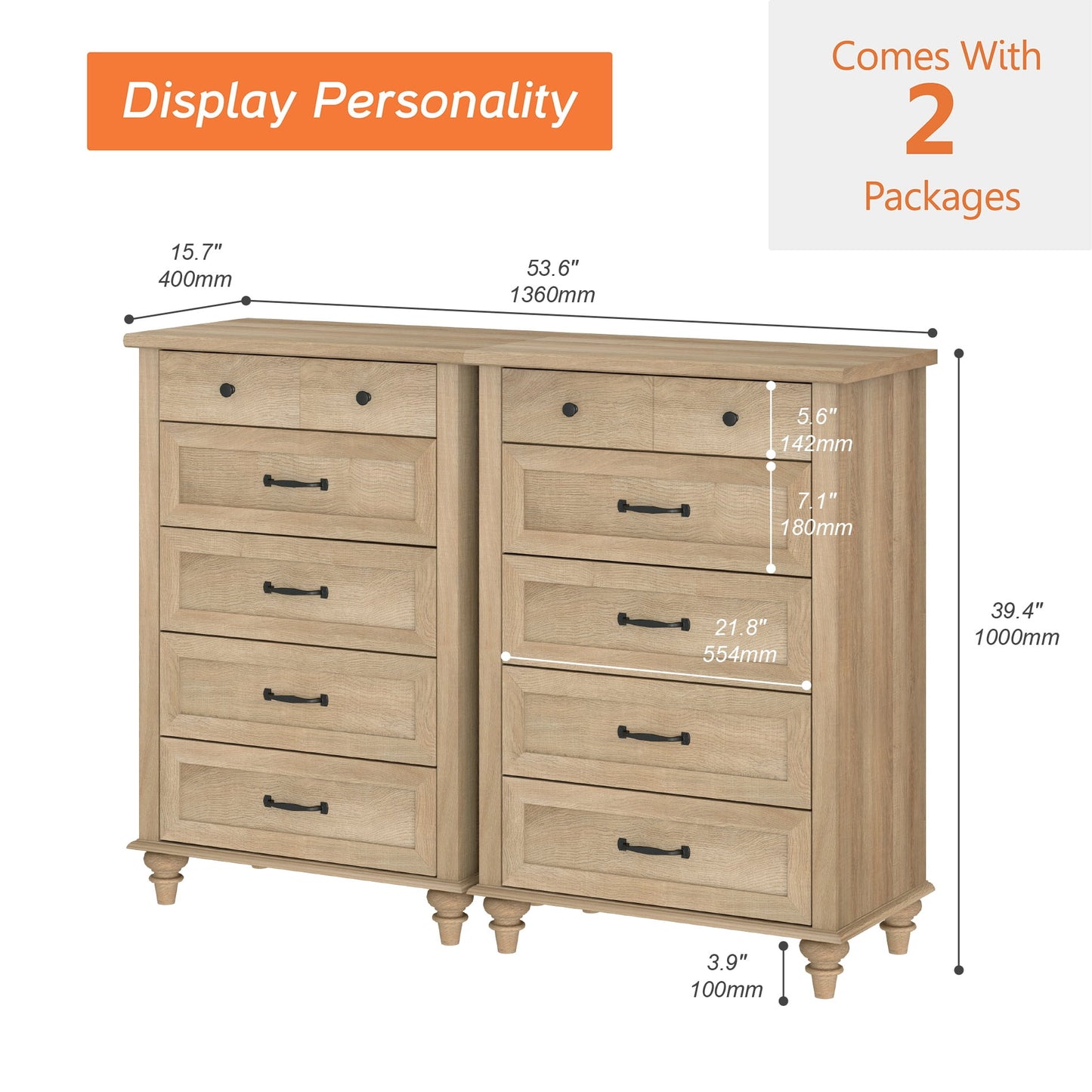 Oak Kids Dresser for Bedroom with 10 Wide Chest of Drawers, Wood Dressers for Living Room, Nursery, Hallway,White