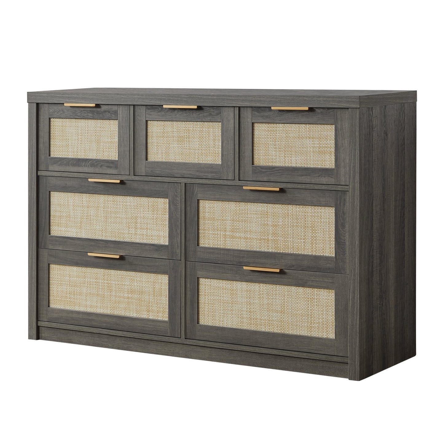 OAKHAM 7 Drawer Dresser, Rattan Wide Chest of Drawers for Bedroom Living Room, Midnight Oak