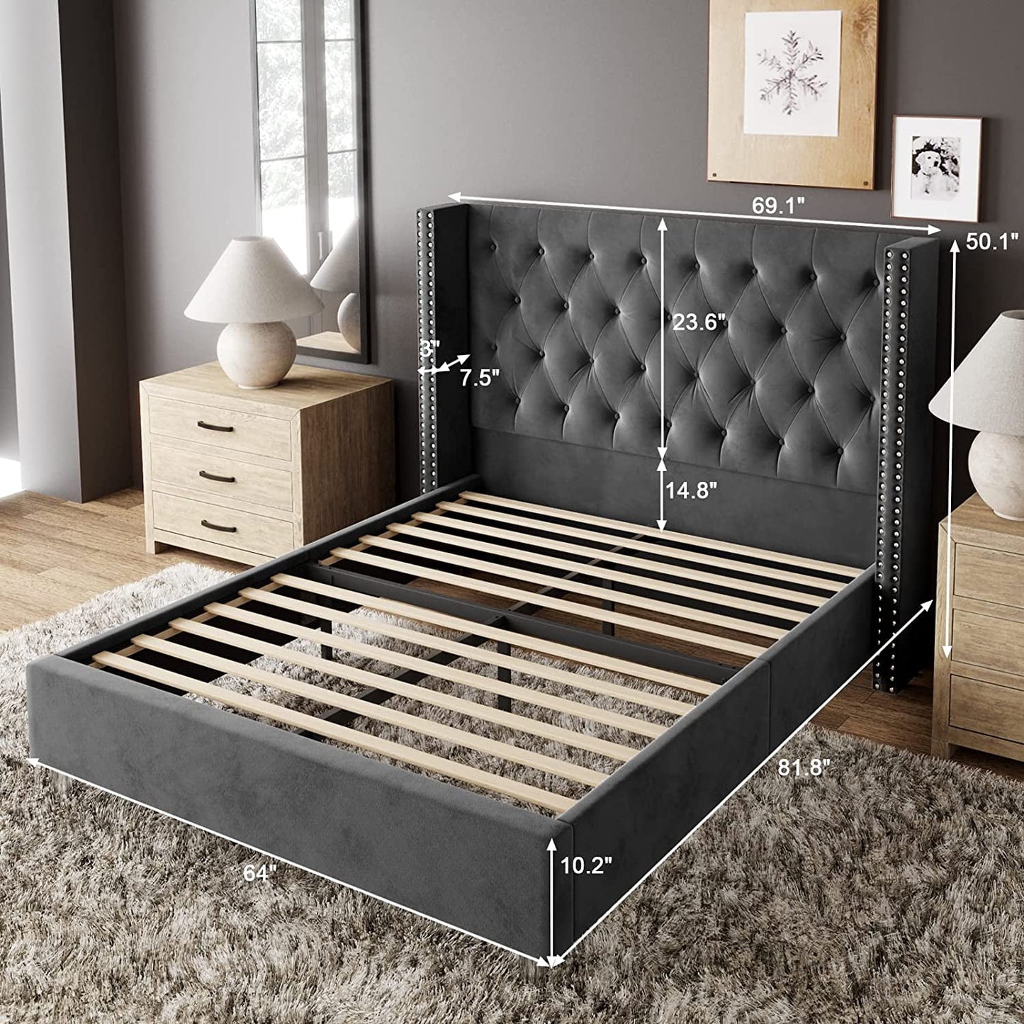 Jocisland Upholstered Bed Frame King Platform Bed Wingback Headboard Velvet Tufted Diamond Button/No Box Spring Needed/Gray