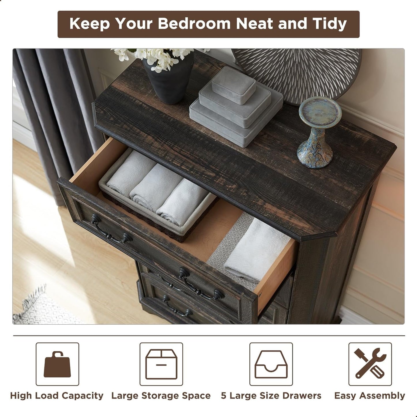 OKD 5 Drawers Dresser Chests for Bedroom, Farmhouse Wood Rustic Tall Chest of Drawers, Organizer for Living Room, Dark Rustic Oak