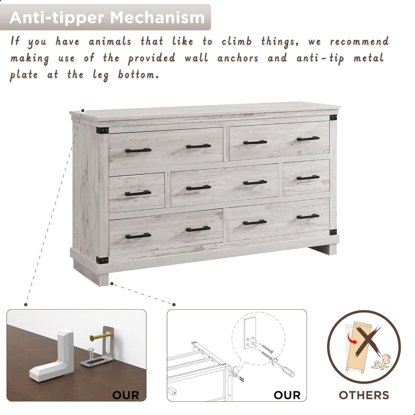 OKD 54in W Farmhouse Dresser 7 Drawers Modern Rustic Wood Chest of Drawers Closet Storage Organizers for Bedroom Living Room Hallway, Antique Brush White