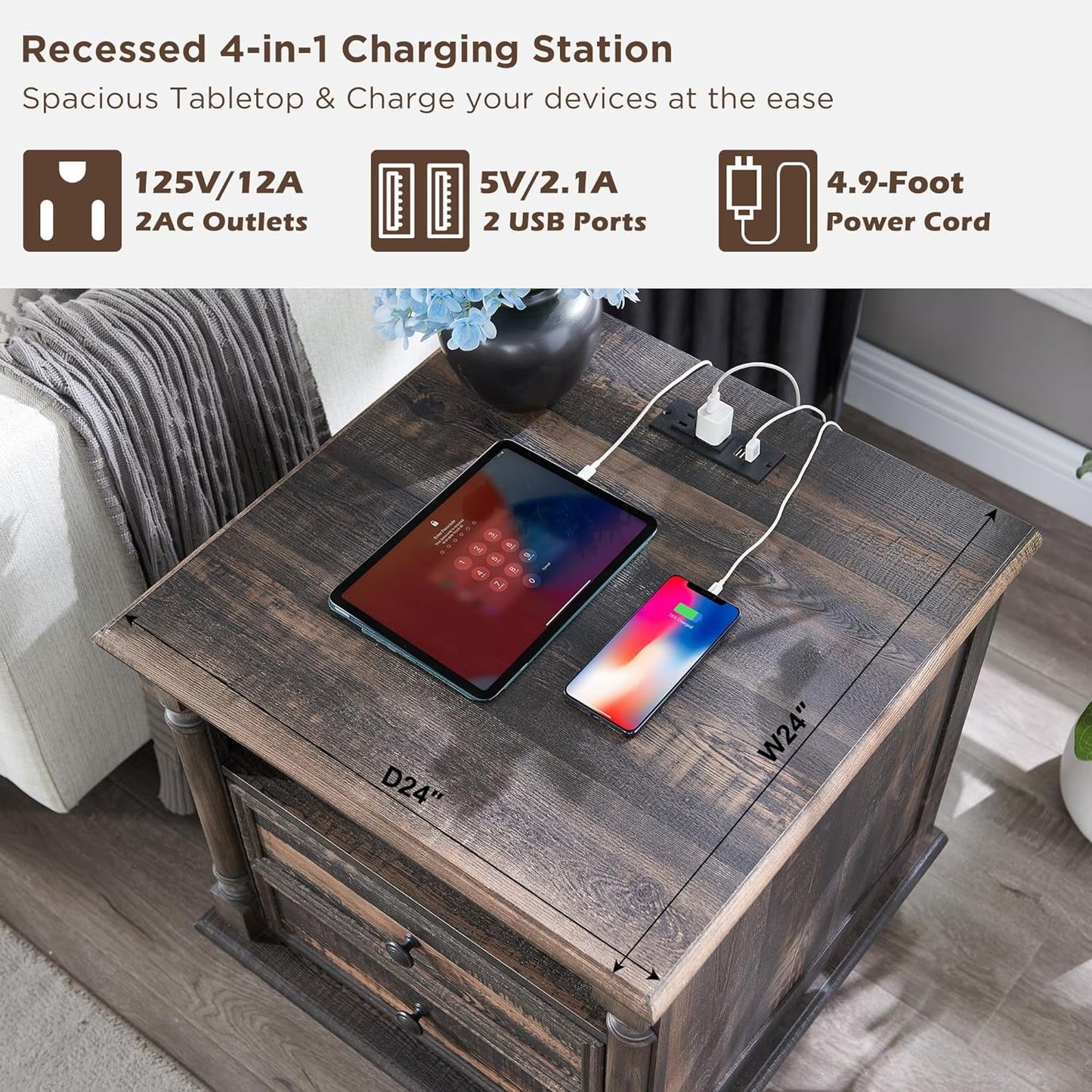 OKD Farmhouse 24in Side Table With 2 Drawers End Table with Charging Station, Tall Rustic Wood Square Nightstand for Living Room, Bedroom, Office,Dark Rustic Oak