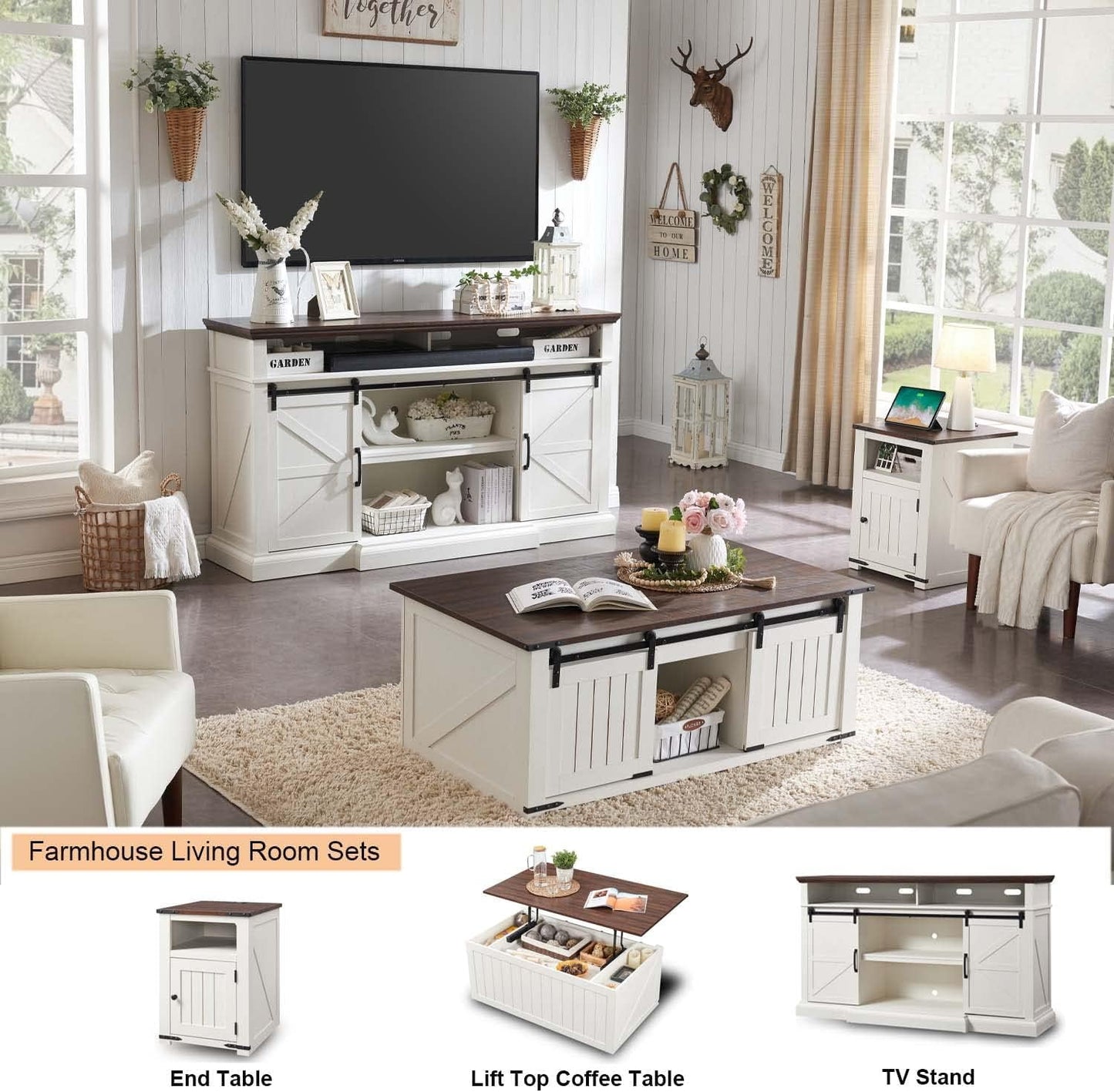 SinCiDo Farmhouse Furniture Living Room Decor, Tall TV Stand for 80 Inch TVs, Lift Top Coffee Table with Storage, End Table with Charging Station