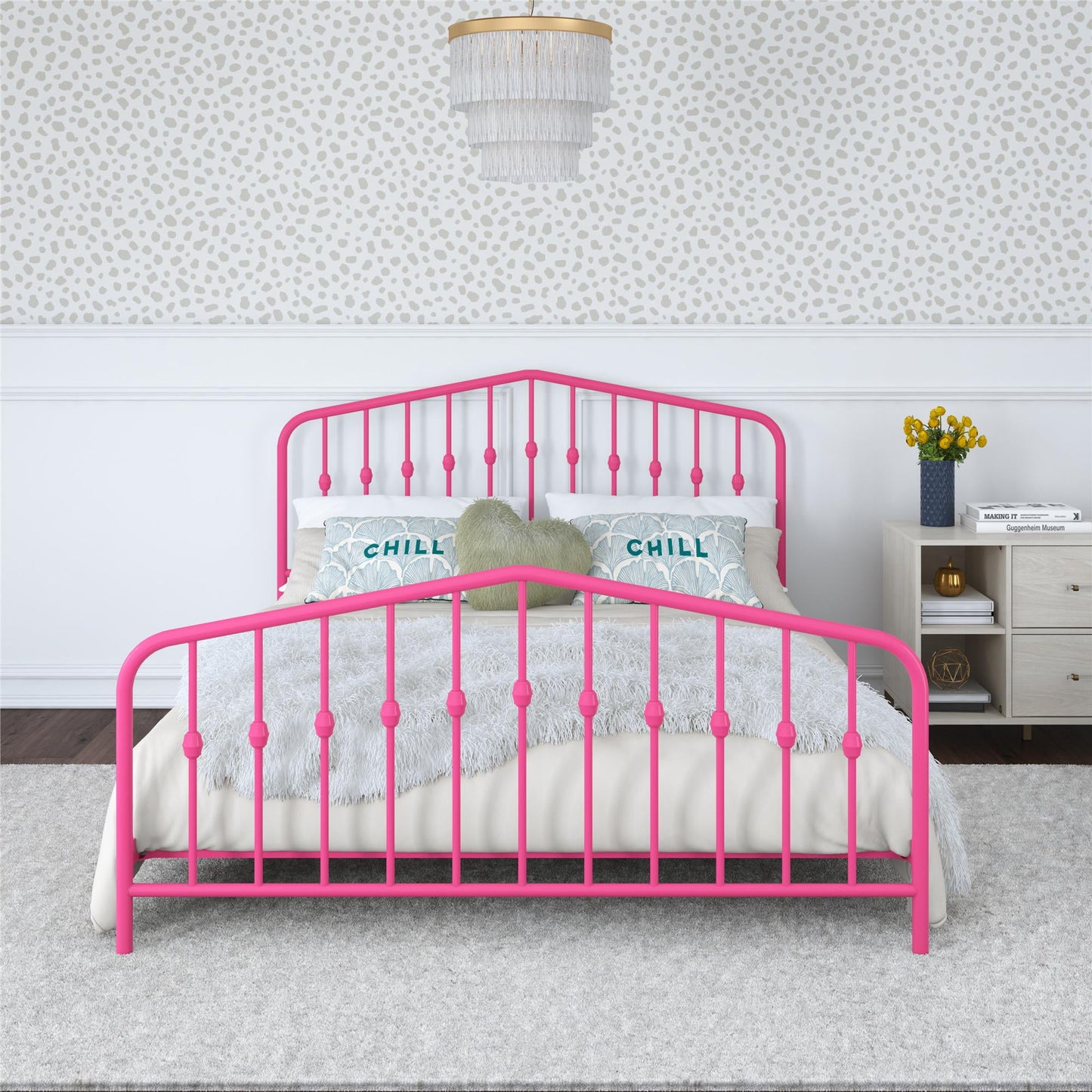 Novogratz Bushwick Metal Platform Bed Frame with Headboard, Queen, Hot Pink