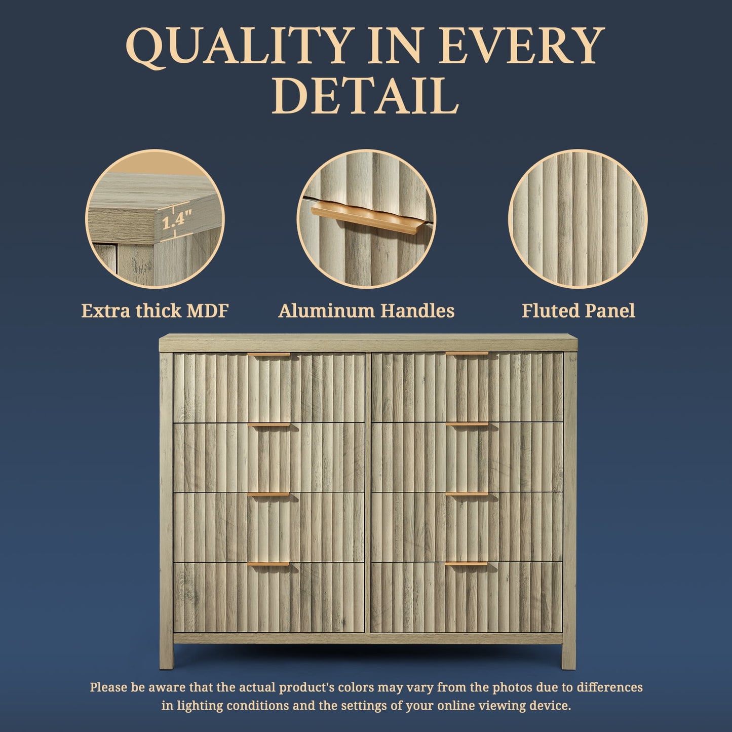 OAKHAM 8 Drawer Dresser, Fluted Wide Chest of Drawers for Bedroom Living Room, Sunwashed Ash Oak