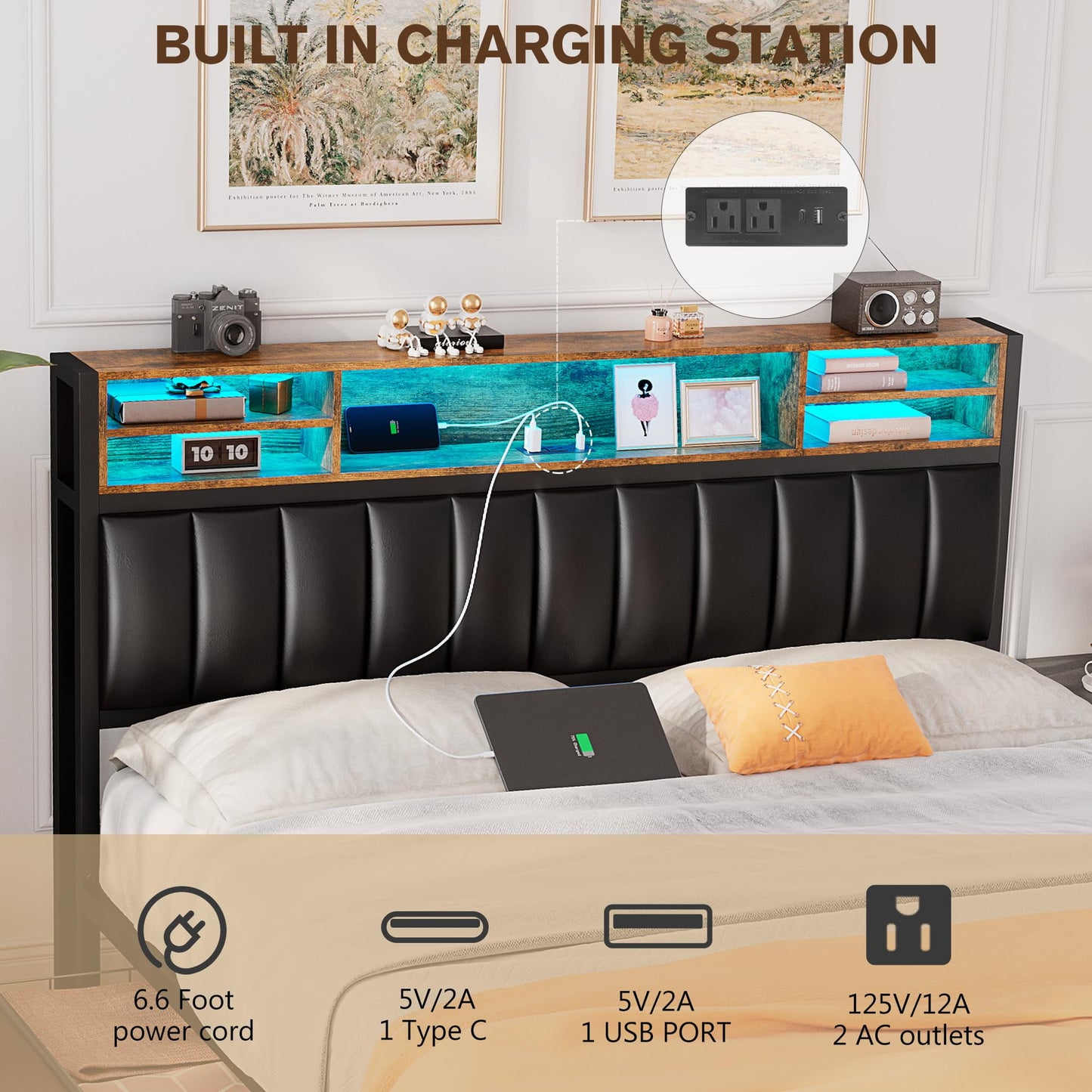 Alohappy Queen Size Bed Frame with Bookcase Headboard, Charging Station, Upholstered LED & 4 Storage Drawers