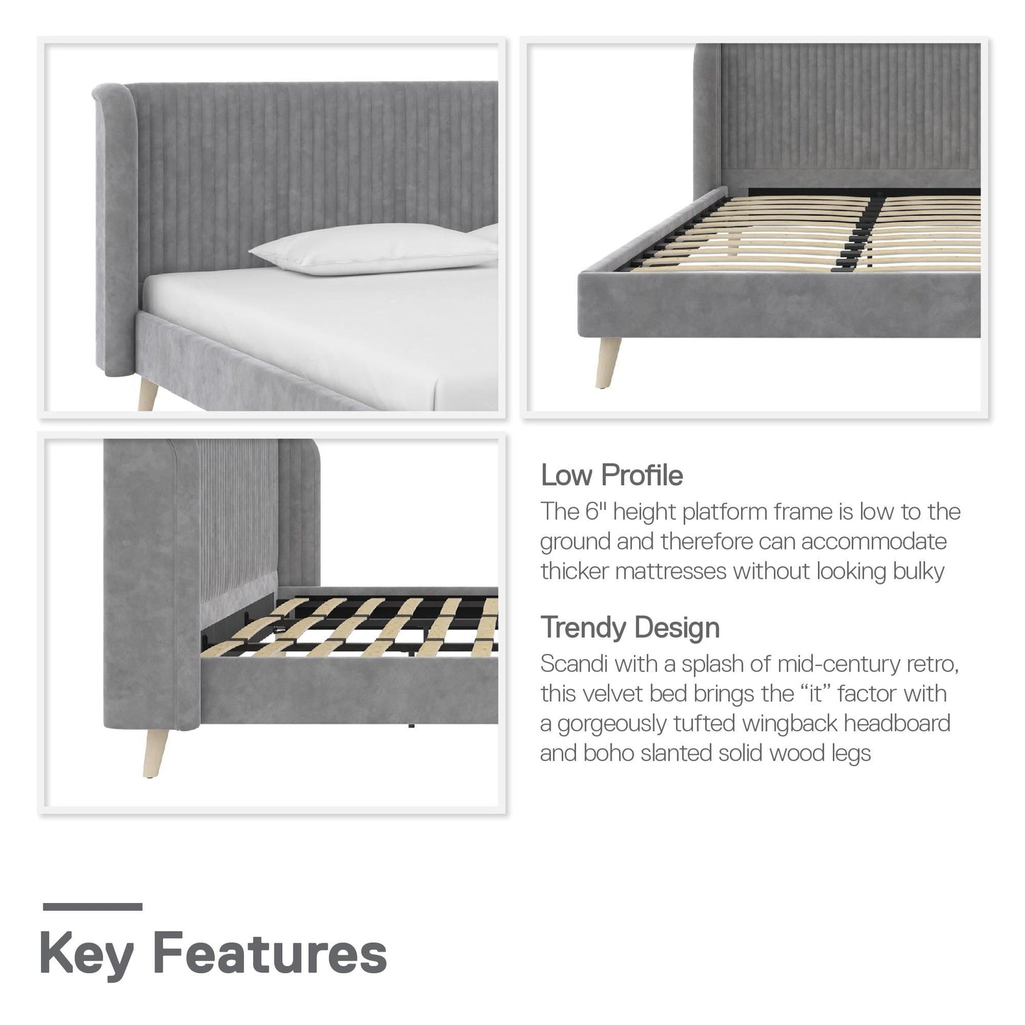 Novogratz Holly Upholstered Wingback Bed, King, Light Gray Velvet