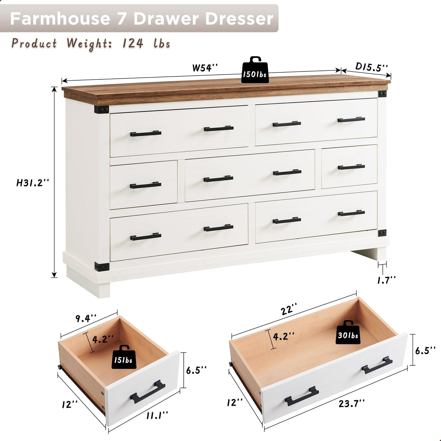 OKD Farmhouse 7 Drawers Dresser for Bedroom, Wood Large Chest of Drawers with Thick Plank Styling, Rustic Closet Dresser for Bedroom, Living Room, Antique White