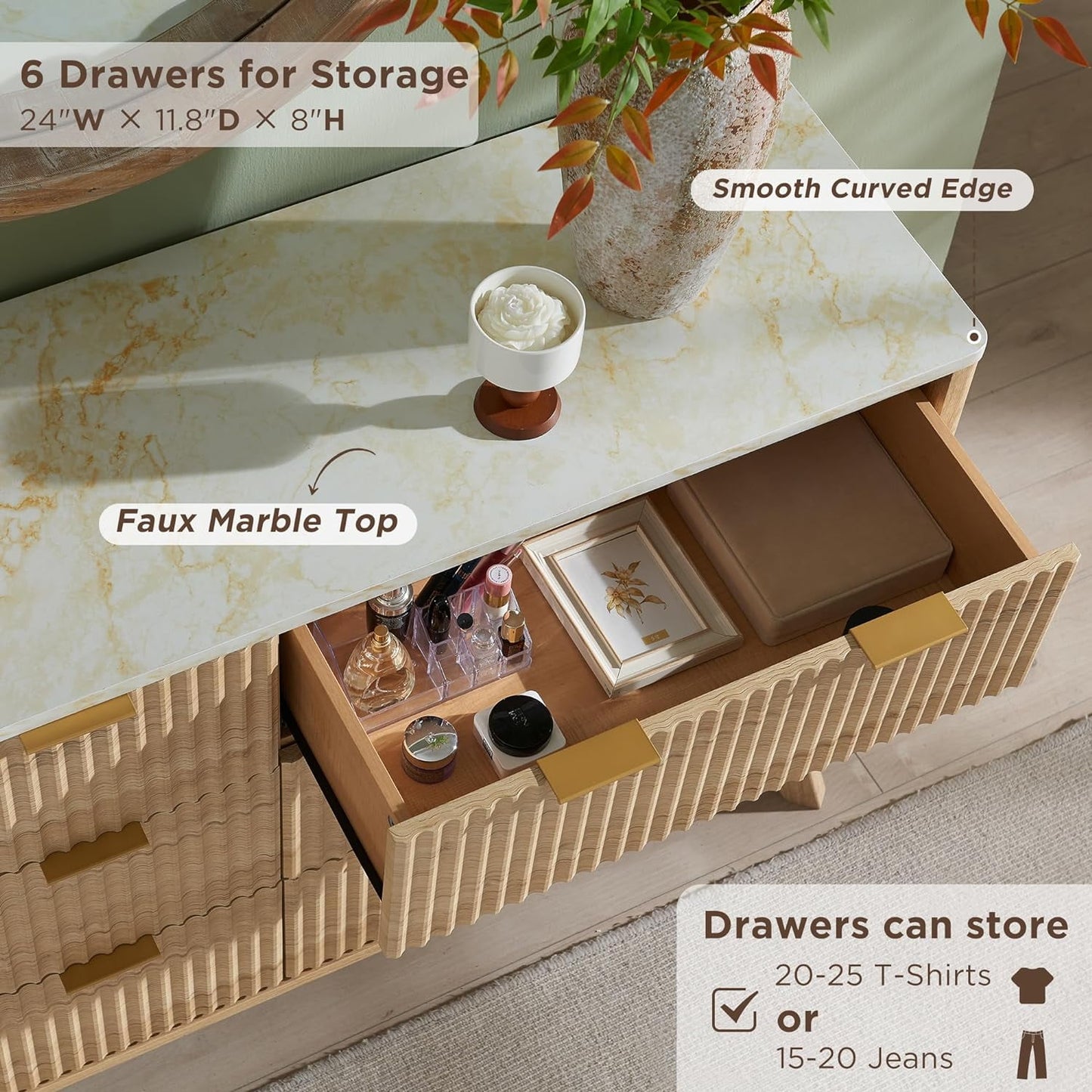 Extra Savings! OKD 6 Drawer Double Dresser with Faux Marble Top, 54in Wood Storage Side Cabinet Chest of Drawer for Bedroom Living Room, Natural Oak - Walmart.com