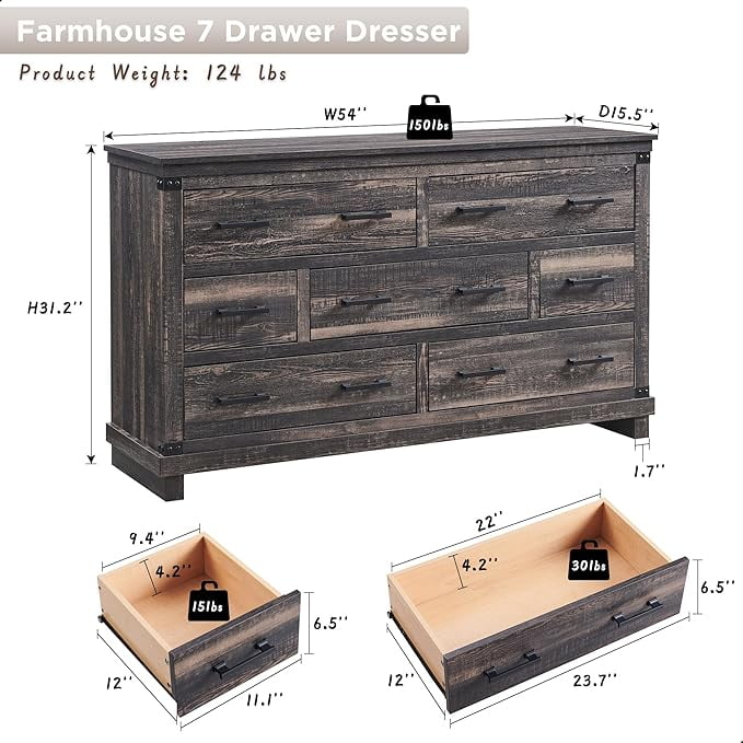 OKD Farmhouse 7 Drawers Dresser for Bedroom, Wood Large Chest of Drawers with Thick Plank Styling, Rustic Closet Dresser for Bedroom, Living Room, Dark Rustic Oak
