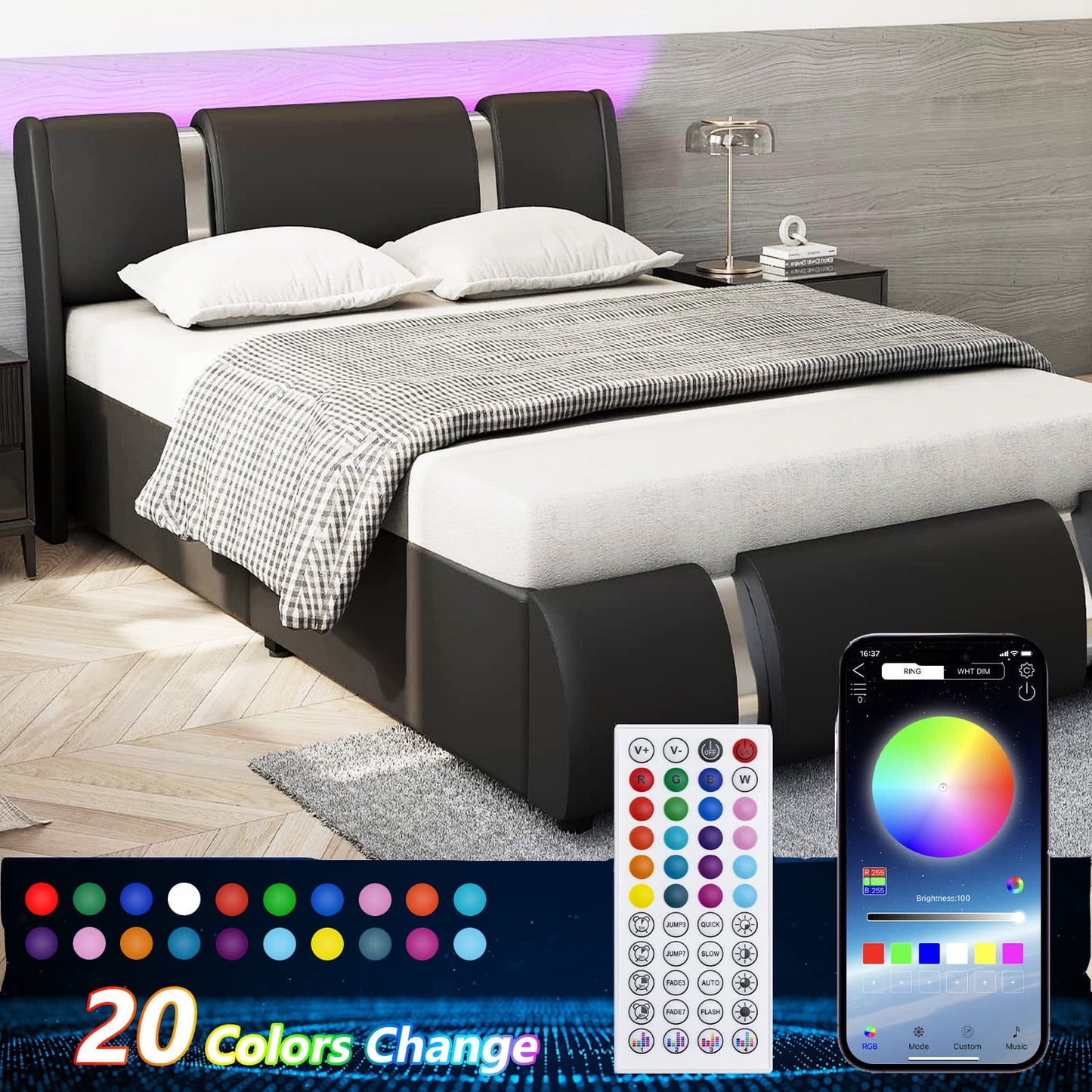 Deluxe Queen Size Bed Frame with LED Headboard, Upholstered Platform in Faux Leather