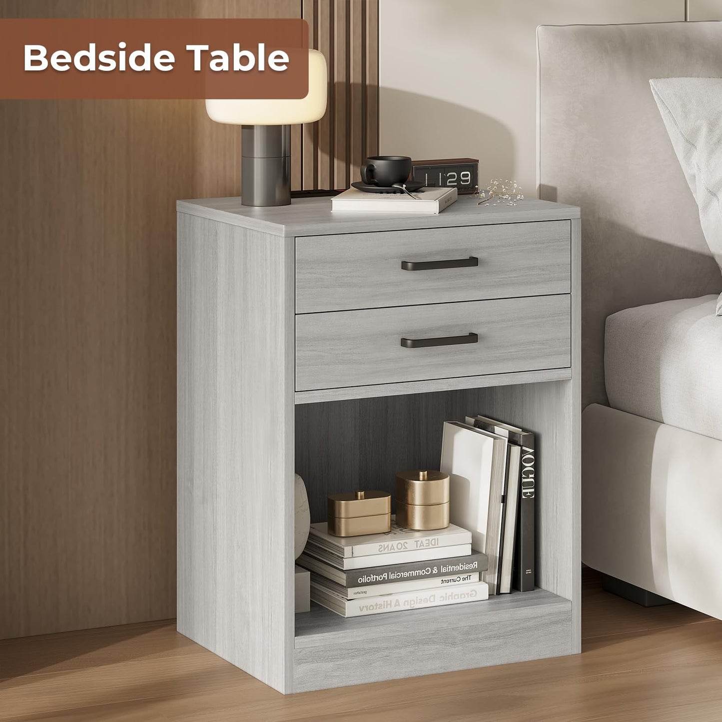 Nightstands Set of 2,Grey Nightstand with Charging Station and Drawers,Night Stands for Bedrooms,Gray