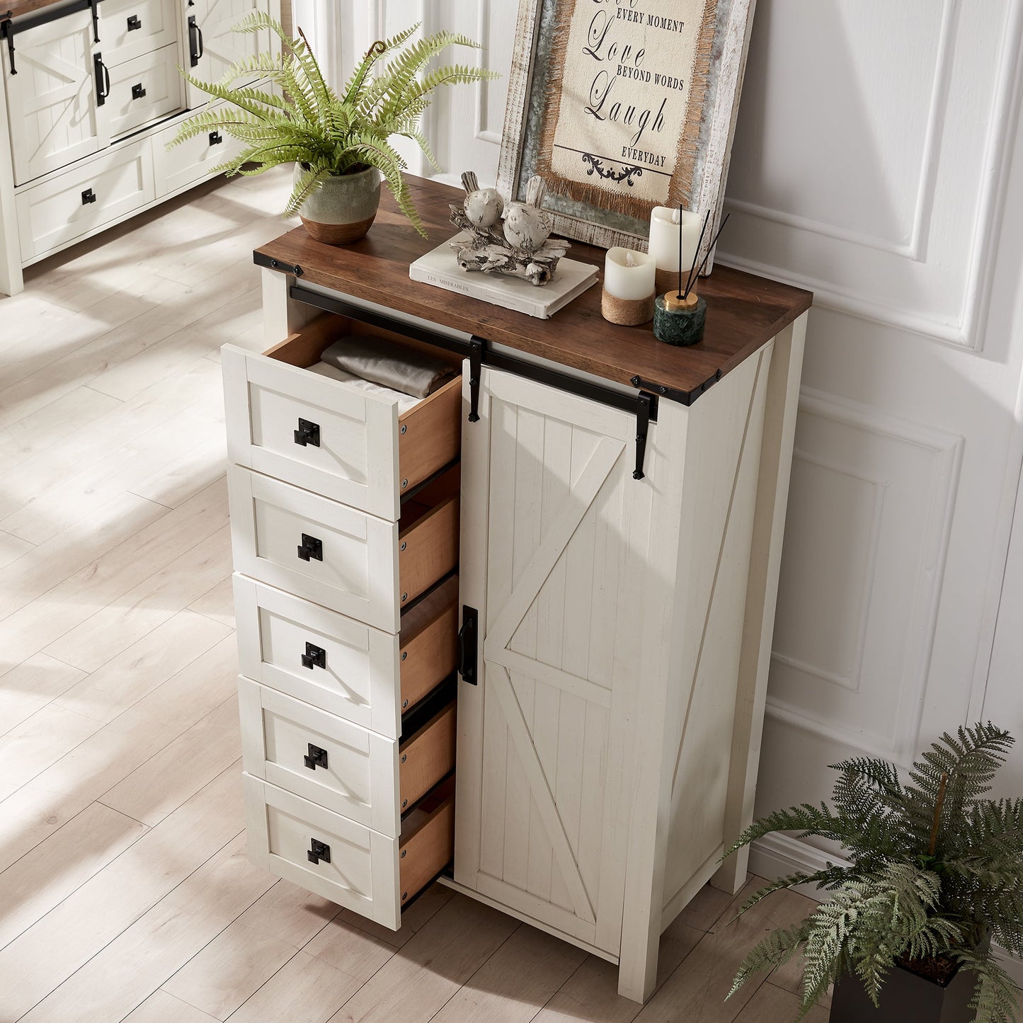 Extra Savings! OKD OKD Modern Farmhouse 5-Drawer Dresser with Barn Door, Adjustable Storage Cabinet for Bedroom Living Room, White - Walmart.com
