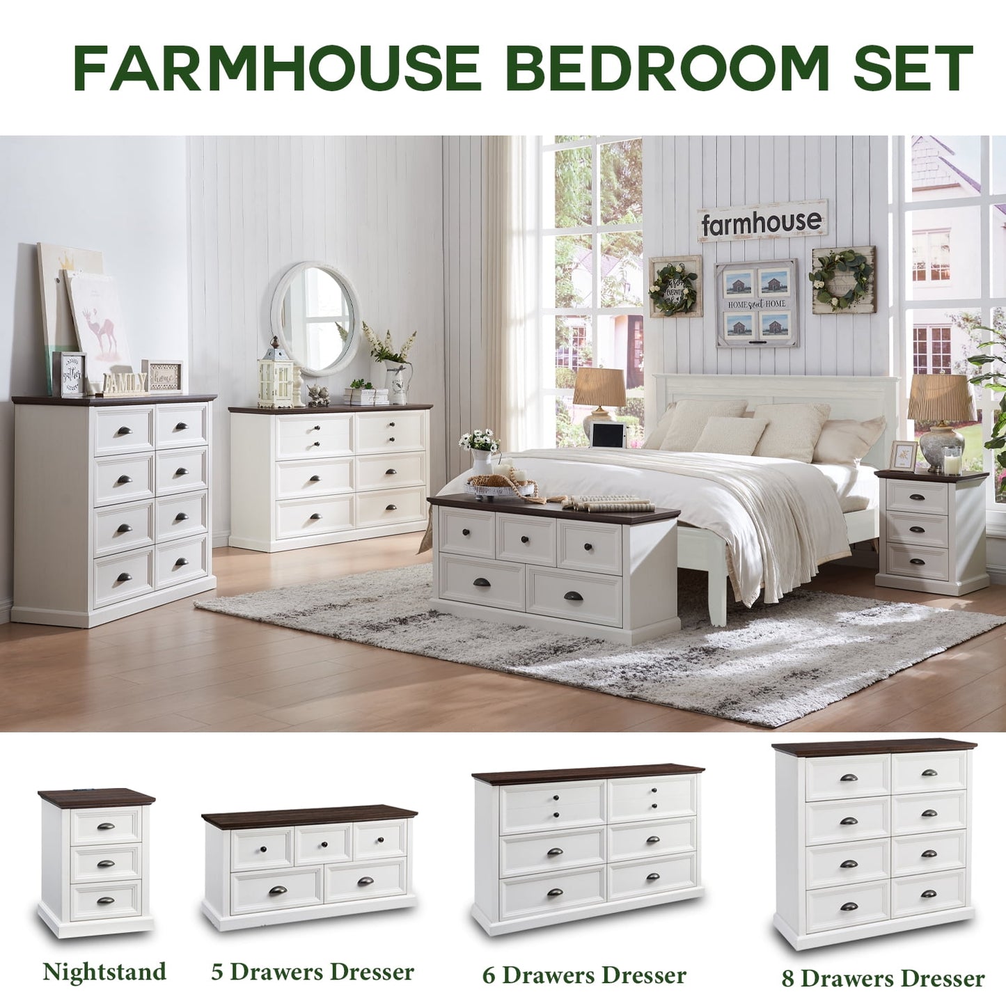 SinCiDo Farmhouse Nightstand, Dresser for Bedroom with 3 Drawers Handles, Modern Wood Rustic End Stand with Charging Station