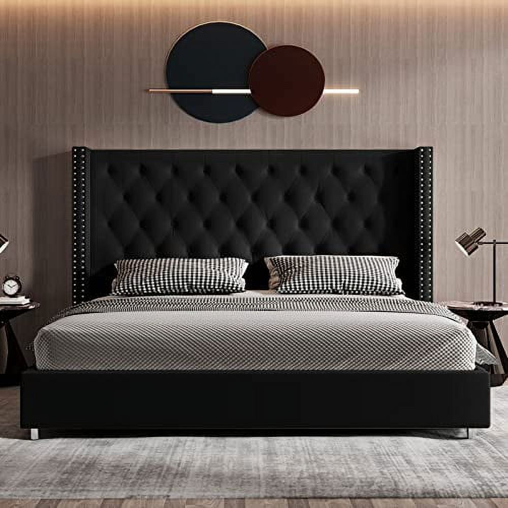 Jocisland Queen Bed Frame Upholstered Bed Wingback Headboard Velvet Tufted Diamond Button/No Box Spring Needed/Easy Assembly/Black