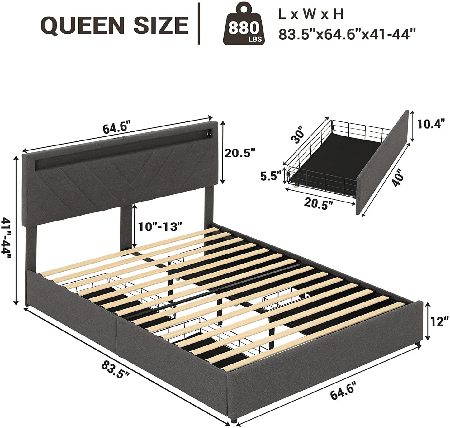 DICTAC Queen Bed Frame, Dark Grey Upholstered Platform with LED Headboard, USB Station & 4 Drawers, No Box Spring Needed