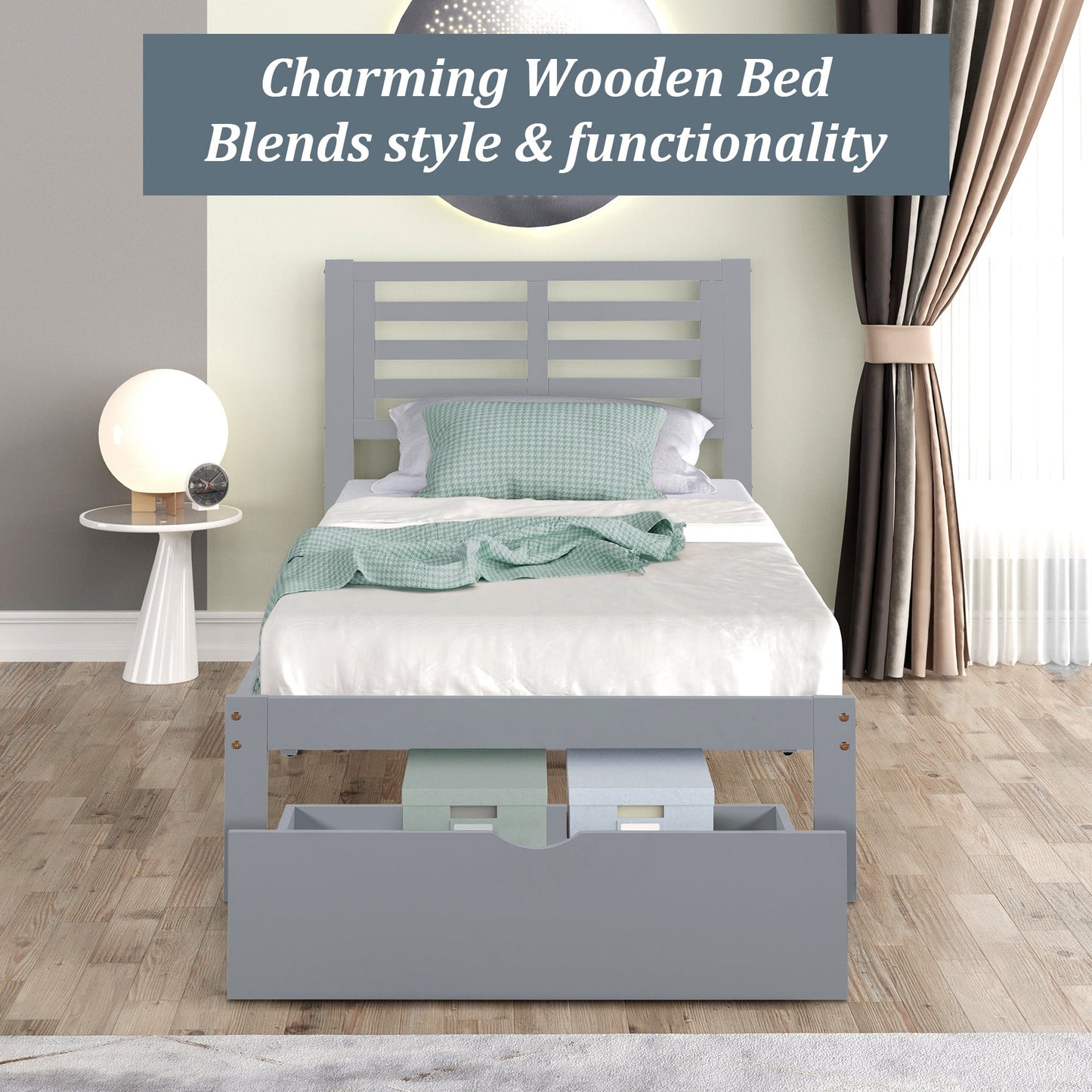 UHOMEPRO Twin Kids Platform Bed Frame with Headboard, Wood Twin Bed Frame Storage Bed for Bedroom, Modern Twin Size Bed Frame with Drawer, Wood Slats Support, No Box Spring Needed, Gray