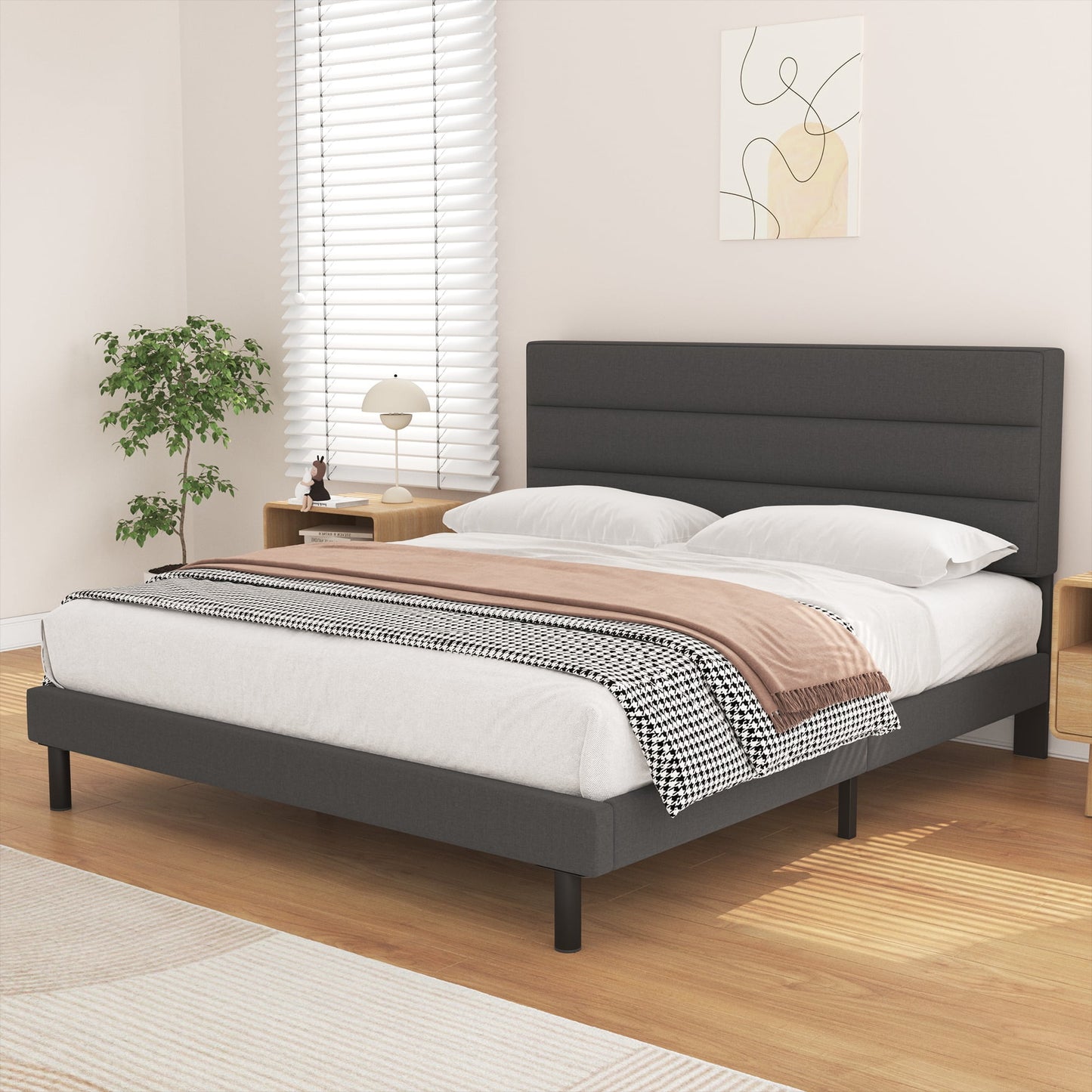 HAIIDE Queen Bed Frame with Upholstered Fabric Headboard and Sturdy Construction, Easy Assembly, Dark Grey