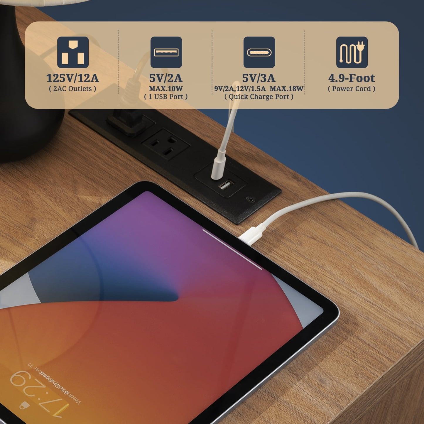 OAKHAM Rattan Nightstand set of 2 with Charging Station, Bedside Table with Type-C/USB Port, Boho Side Tables End Table for Living Room, Bedroom, Weathered Oak