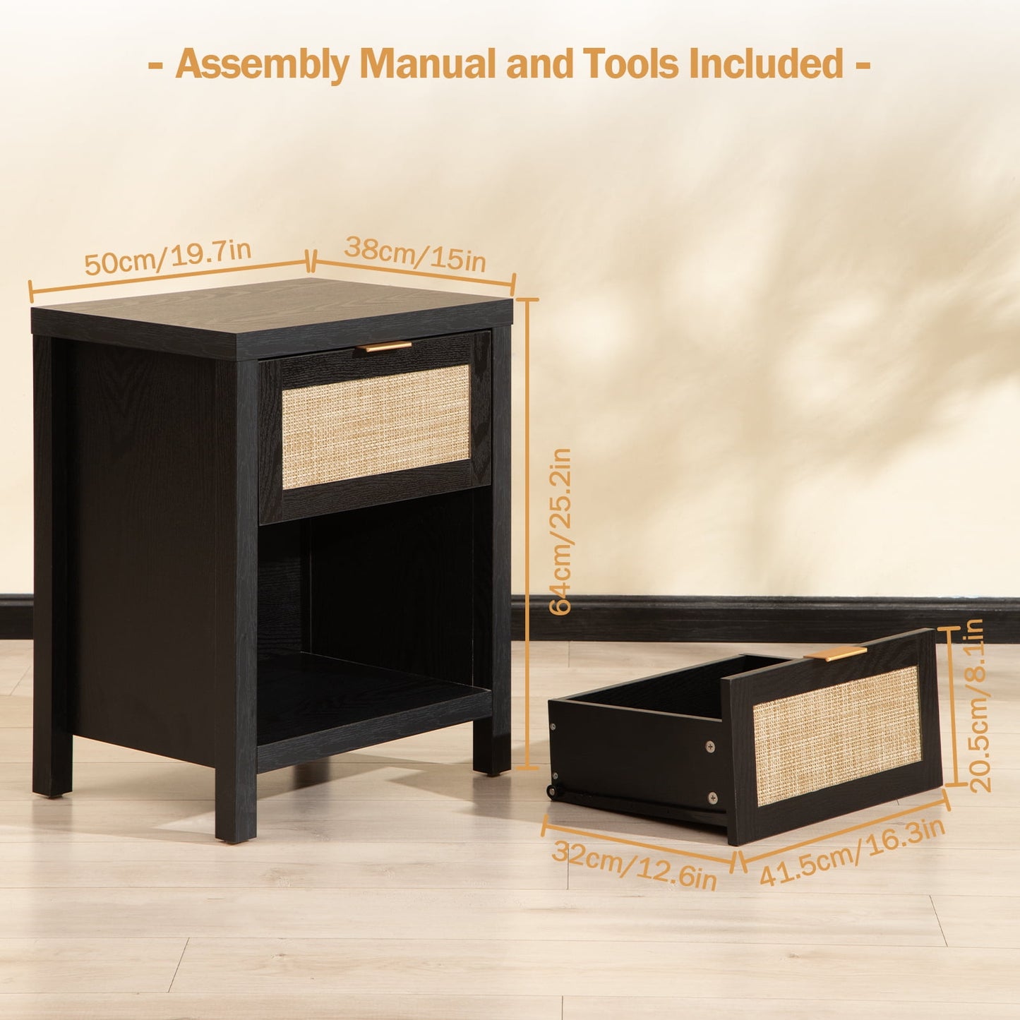 SINCEREFLY Rattan Nightstand Set of 2 with Drawer Boho Bedside Table with Open Shelf Black Night Stand for Bedroom