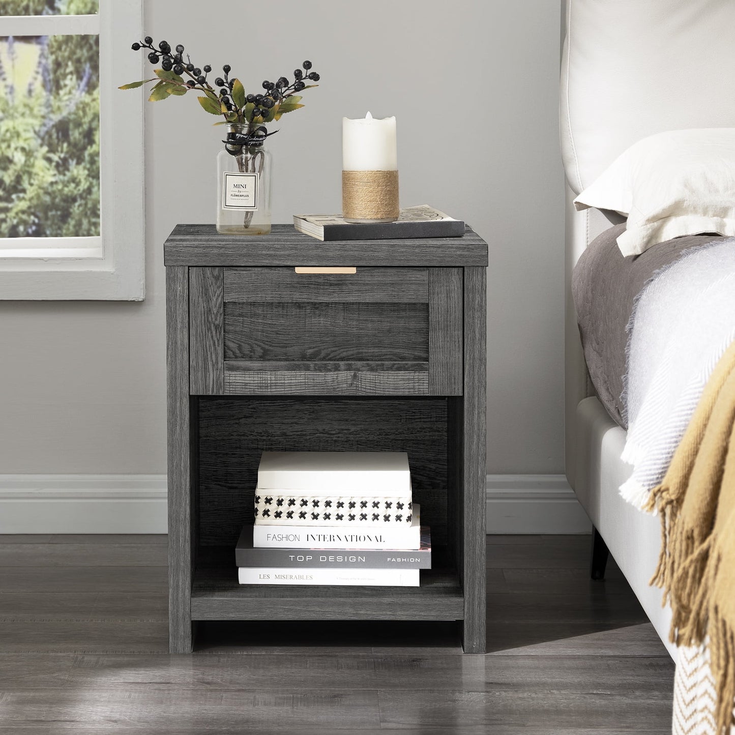 OAKHAM Farmhouse Nightstands Set of 2, Boho End Table with Drawer and Open Shelf, Bedside Table for Bedroom Living Room, Midnight Oak