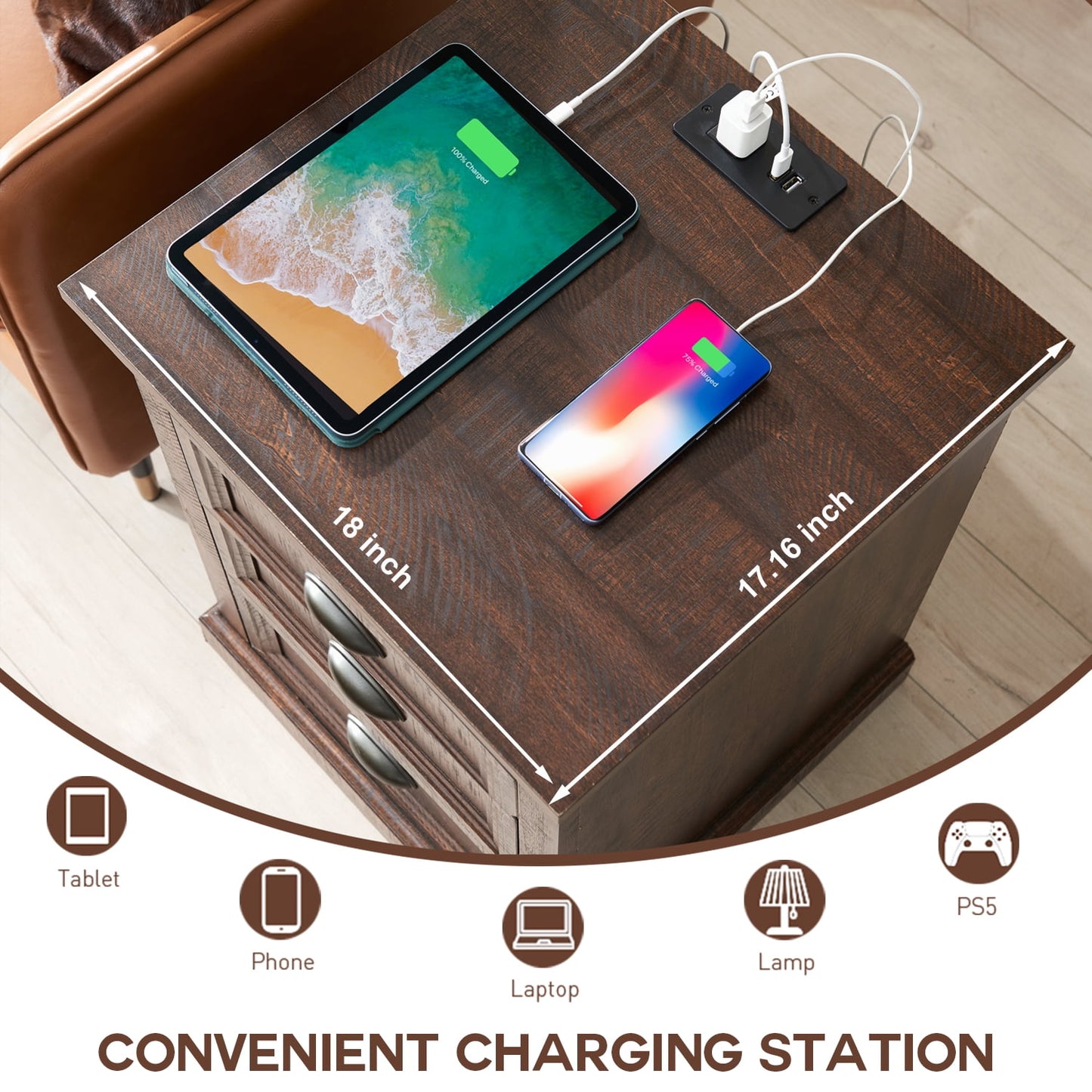 SinCiDo White Nightstand with Charging Station, 3 Drawer Dresser for Bedroom,Small Wood Rustic Dresser with Drawers,End Table Side Table for Bedroom,Living Room,Brown