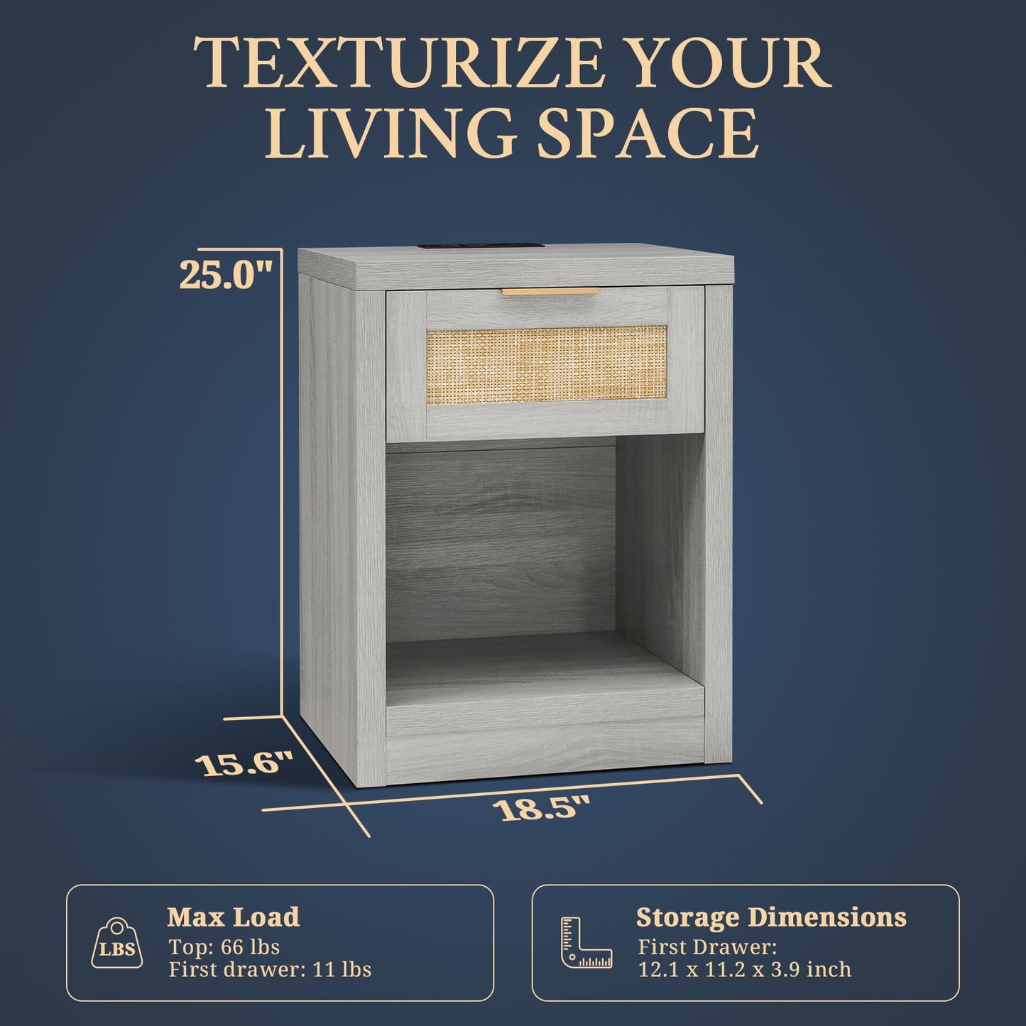 OAKHAM Rattan Nightstand with Charging Station, Bedside Table with Type-C/USB Port, Boho Side Tables End Table for Living Room, Bedroom, Pale Oak