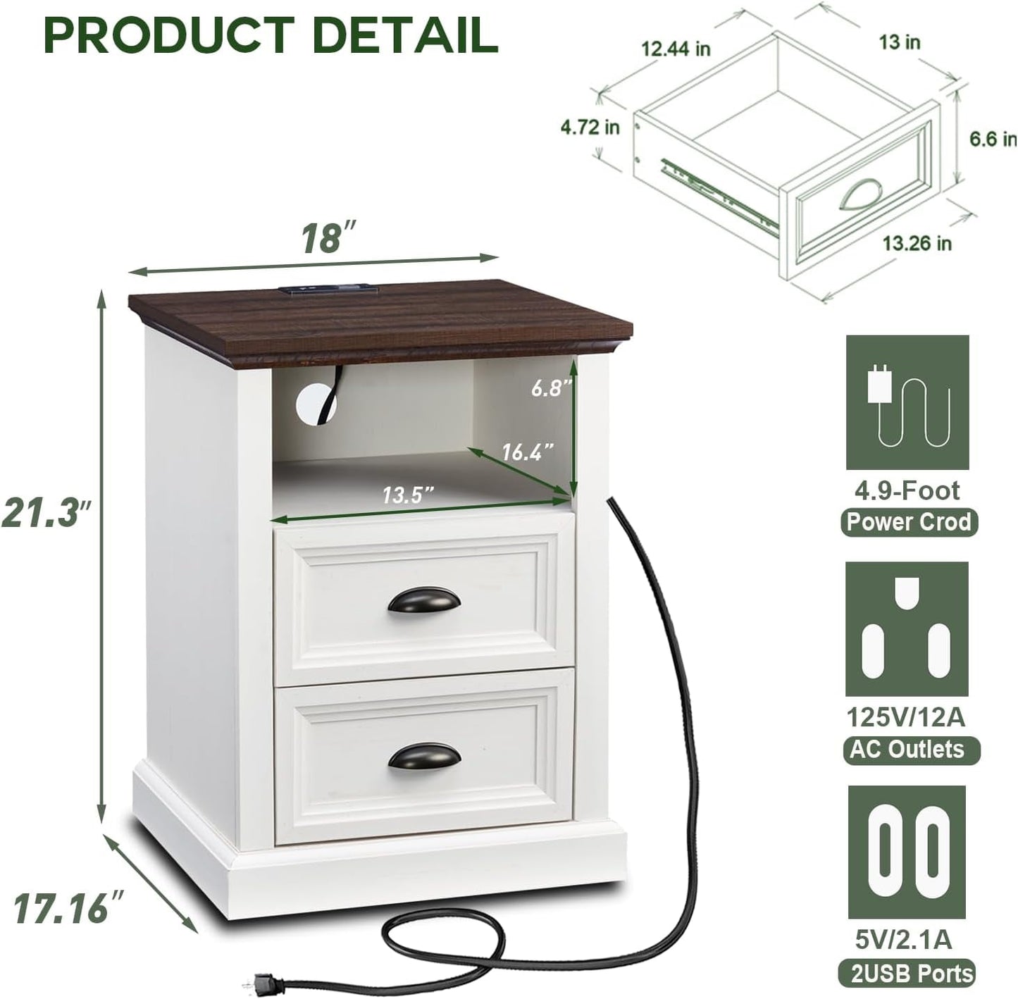 SinCiDo End Table, Dresser for Bedroom with 2 Drawers, Small Wood Rustic Nightstand with Charging Station for Living Room