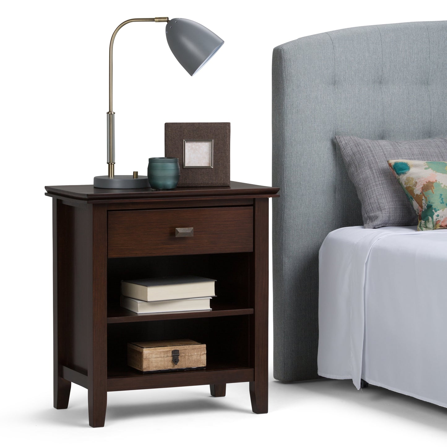 Simpli Home Artisan Wood 24in Transitional Bedside Nightstand Table in Russet Brown