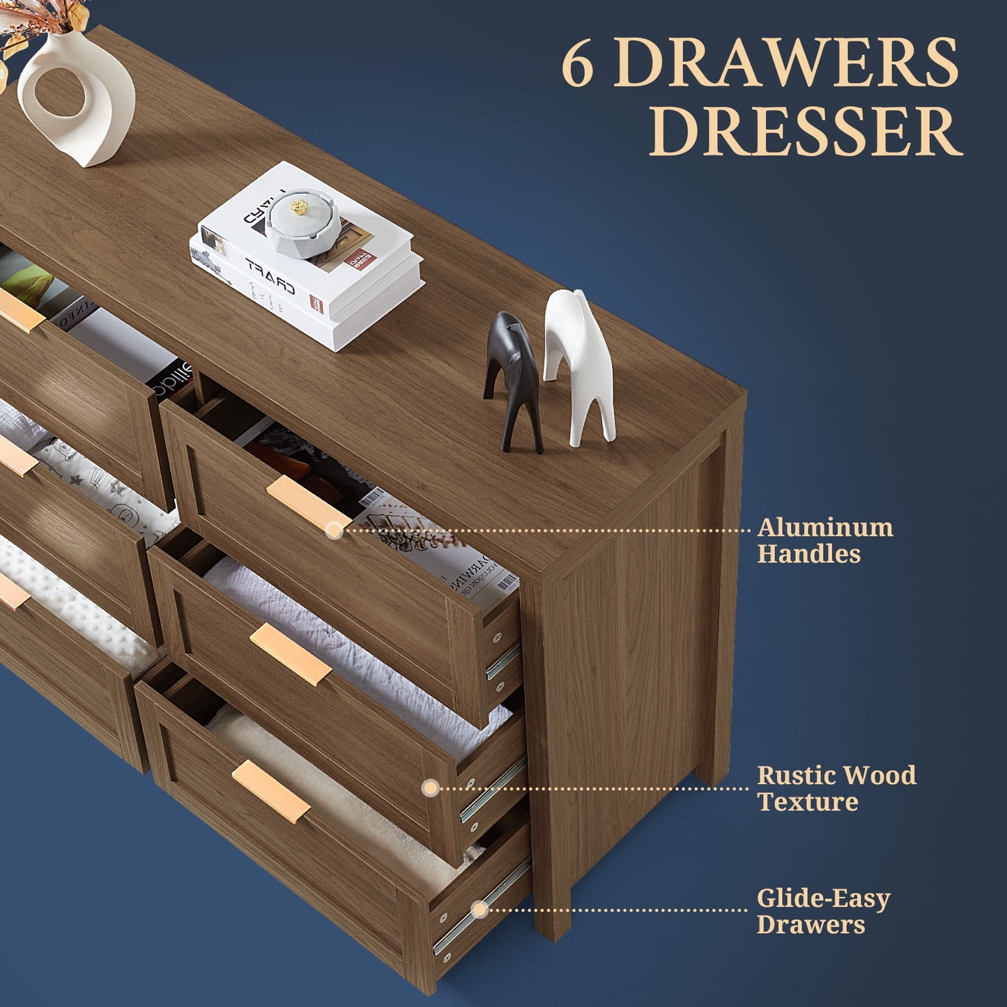 OAKHAM 6 Drawer Dresser, Wooden Chests of Drawers, Modern Large Dressers for Bedroom, Special Walnut