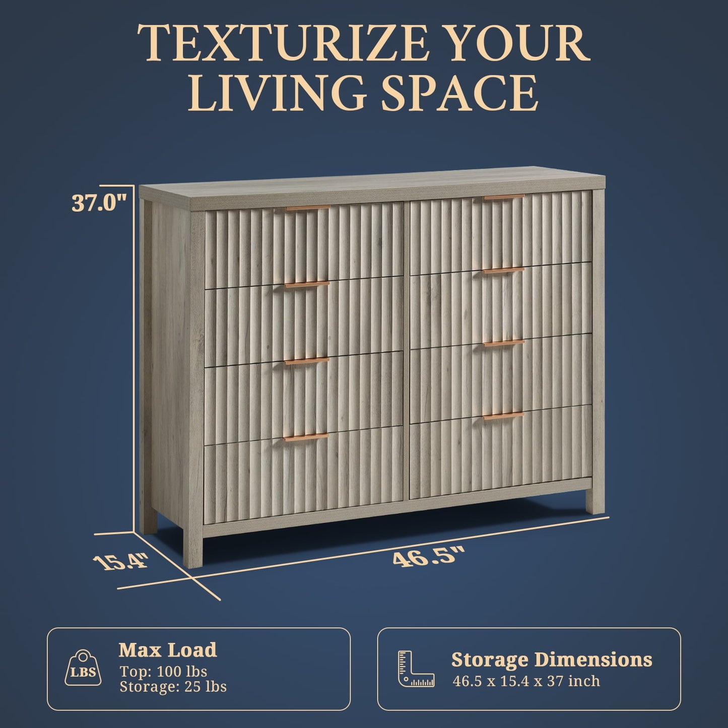 OAKHAM 8 Drawer Dresser, Fluted Wide Chest of Drawers for Bedroom Living Room, Gray Oak