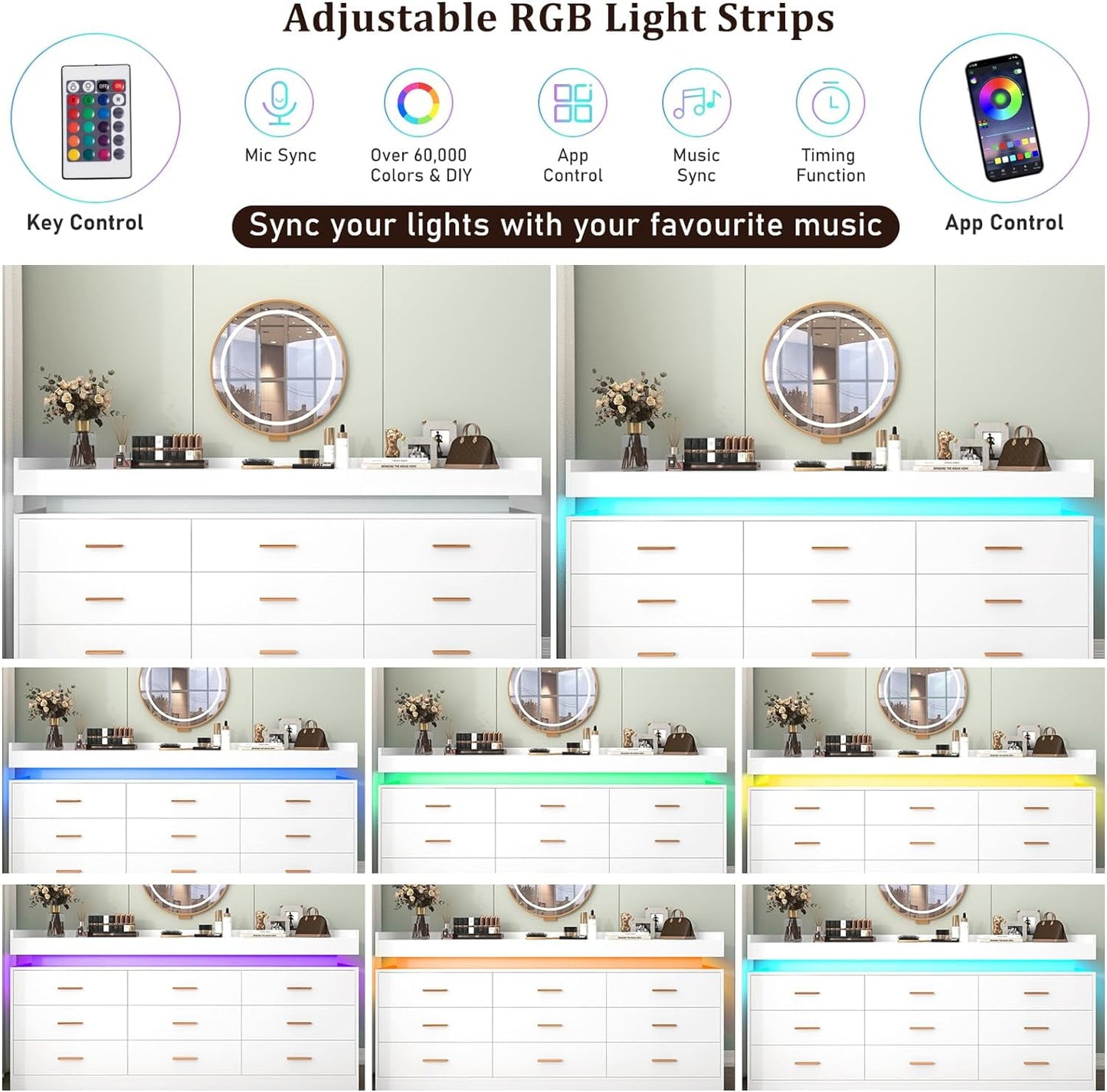 Modern 9-Drawer Dresser with LED Light, Wide Drawer Organizer Cabinet for Bedroom, Closet, Entryway, Hallway (White)