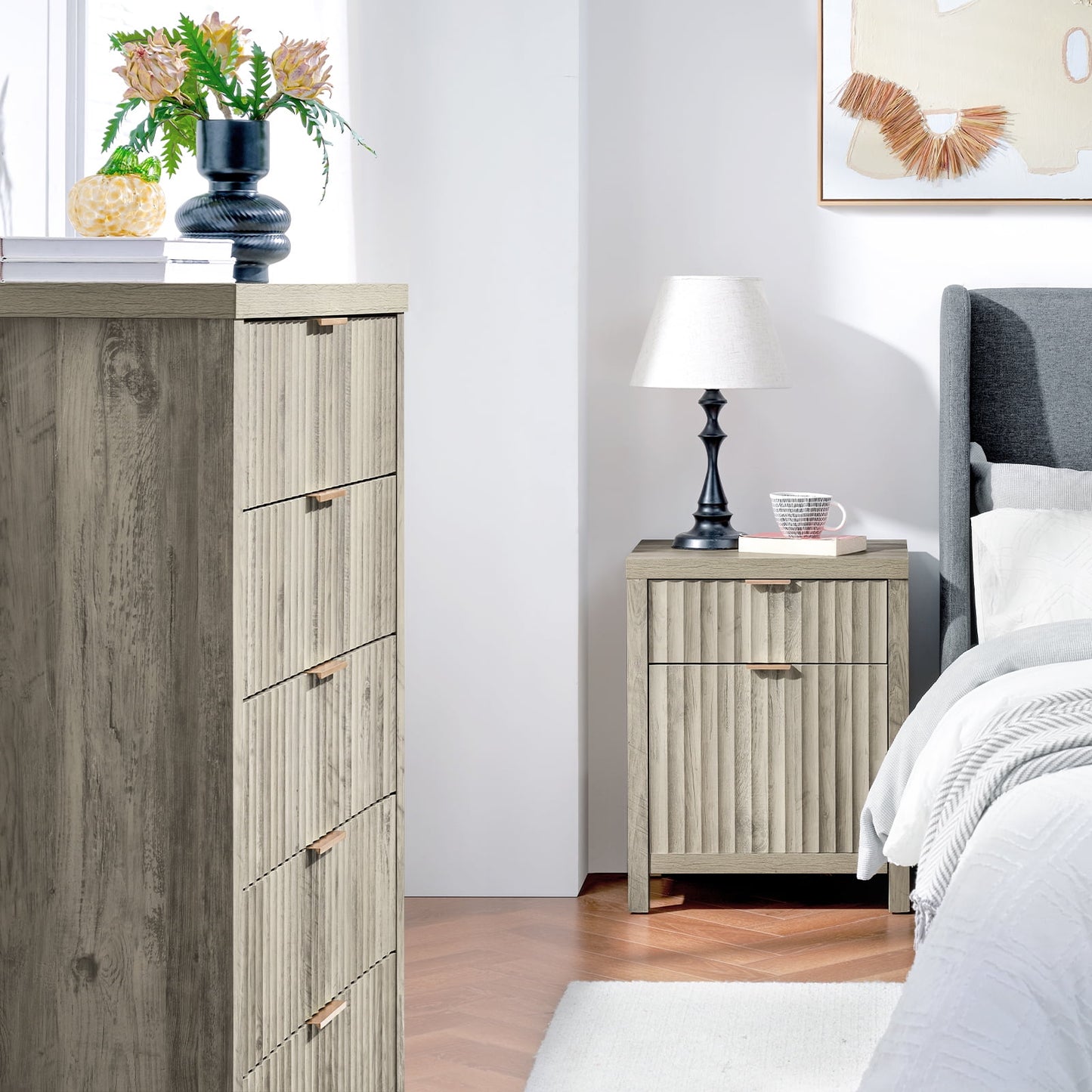 OAKHAM 5 Drawer Dresser, Fluted Vertical Chest of Drawers for Bedroom Living Room, Gray Oak