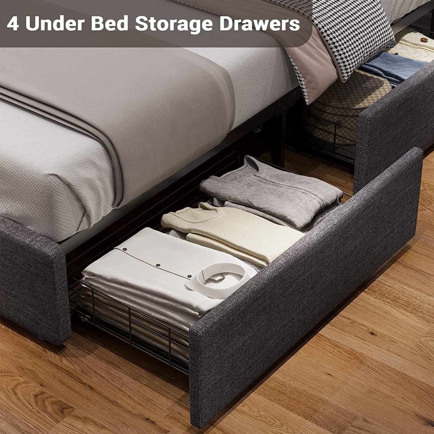 DICTAC Queen Bed Frame, Dark Grey Upholstered Platform with LED Headboard, USB Station & 4 Drawers, No Box Spring Needed