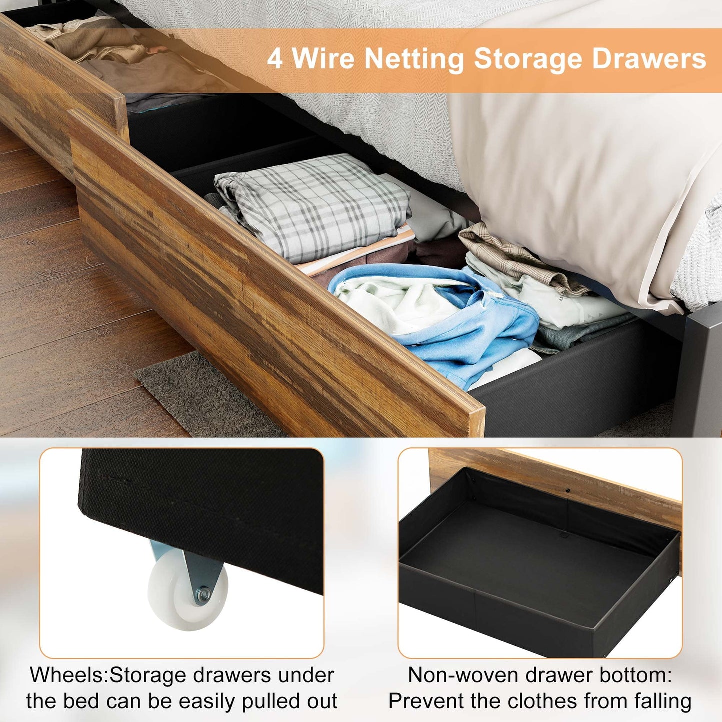 LED Queen Bed Frame with Power Charging Station and USB Ports, Metal Platform Bed with Storage Headboard & 4 Drawers (Tan-Queen)