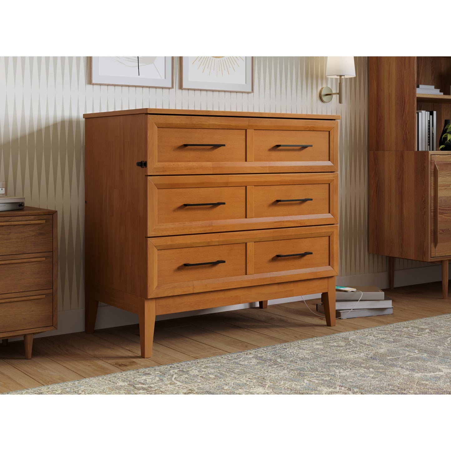 AFI Santa Fe Twin Wood Murphy Bed Chest with Mattress and Built-in Charger, Light Toffee