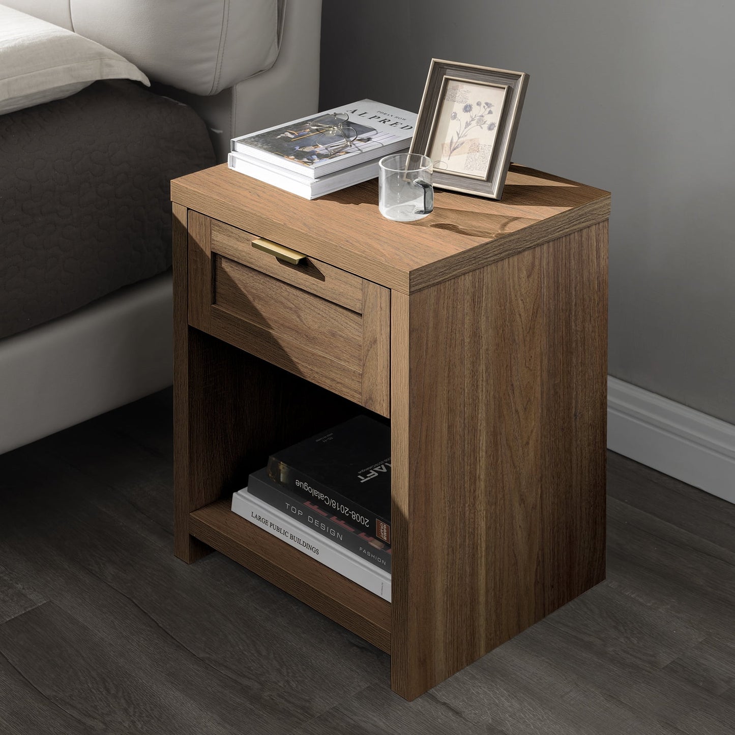 OAKHAM Farmhouse Nightstand, Boho End Table with Drawer and Open Shelf, Bedside Table for Bedroom Living Room, Special Walnut