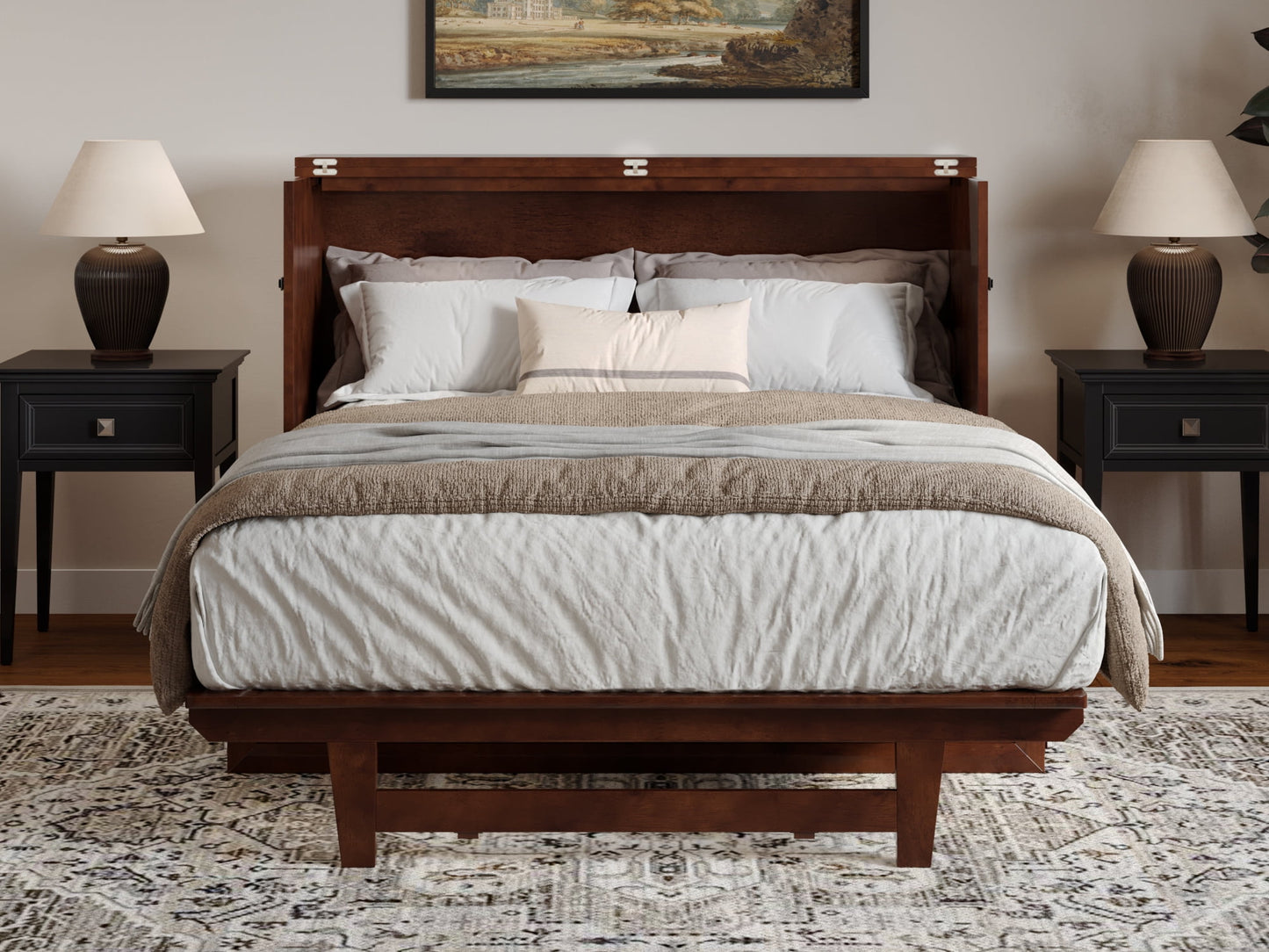 AFI Santa Fe Full Wood Murphy Bed Chest with Mattress and Built-in Charger, Walnut