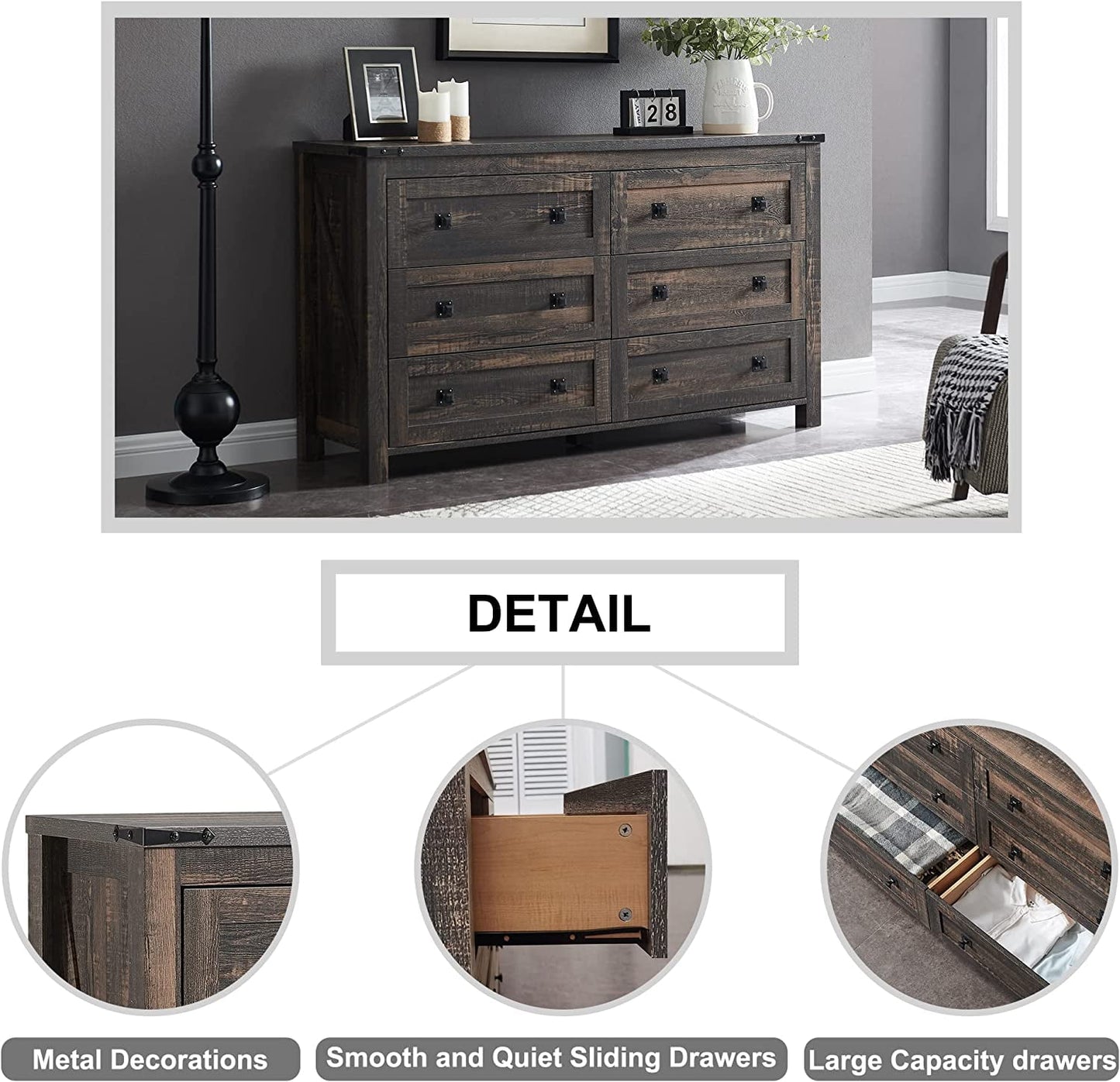 OKD 6 Drawers Dresser Chests for Bedroom Farmhouse, Wood Rustic Tall Chset of Drawers, Dark Rustic Oak