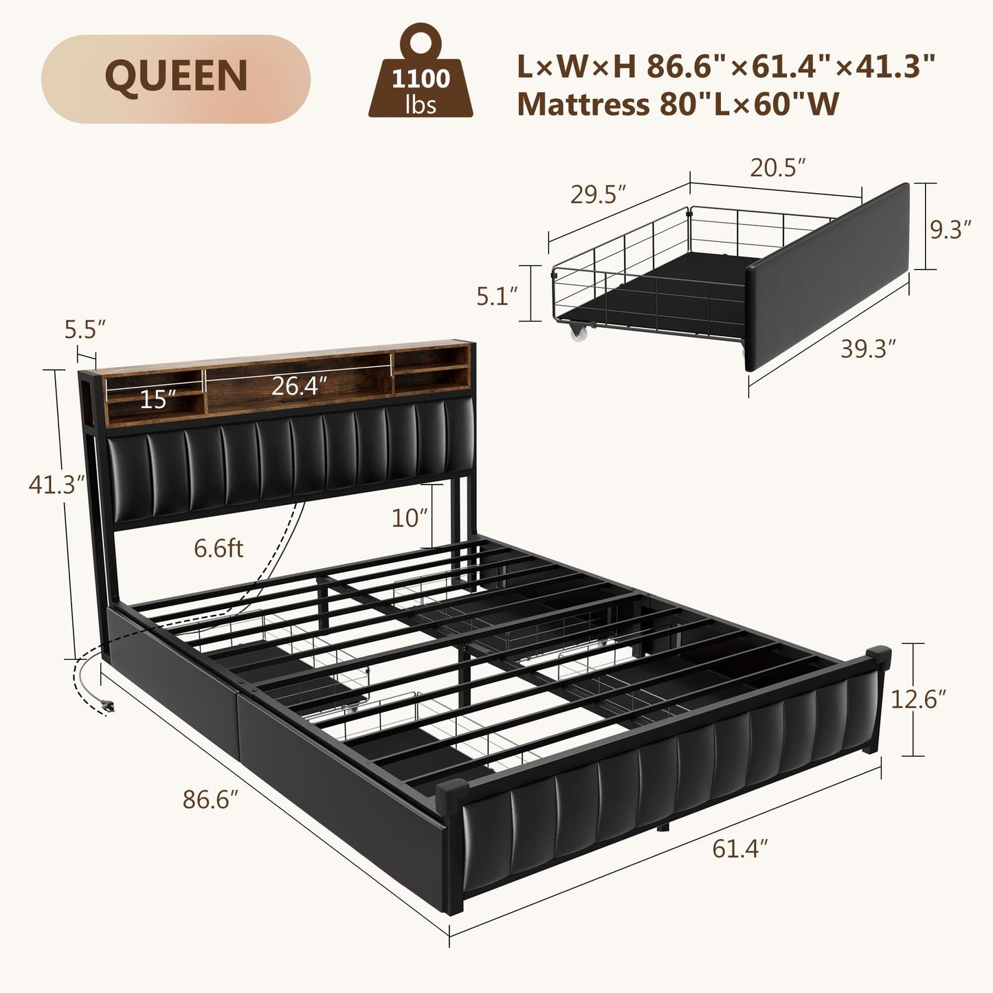 Alohappy Queen Size Bed Frame with Bookcase Headboard, Charging Station, Upholstered LED & 4 Storage Drawers