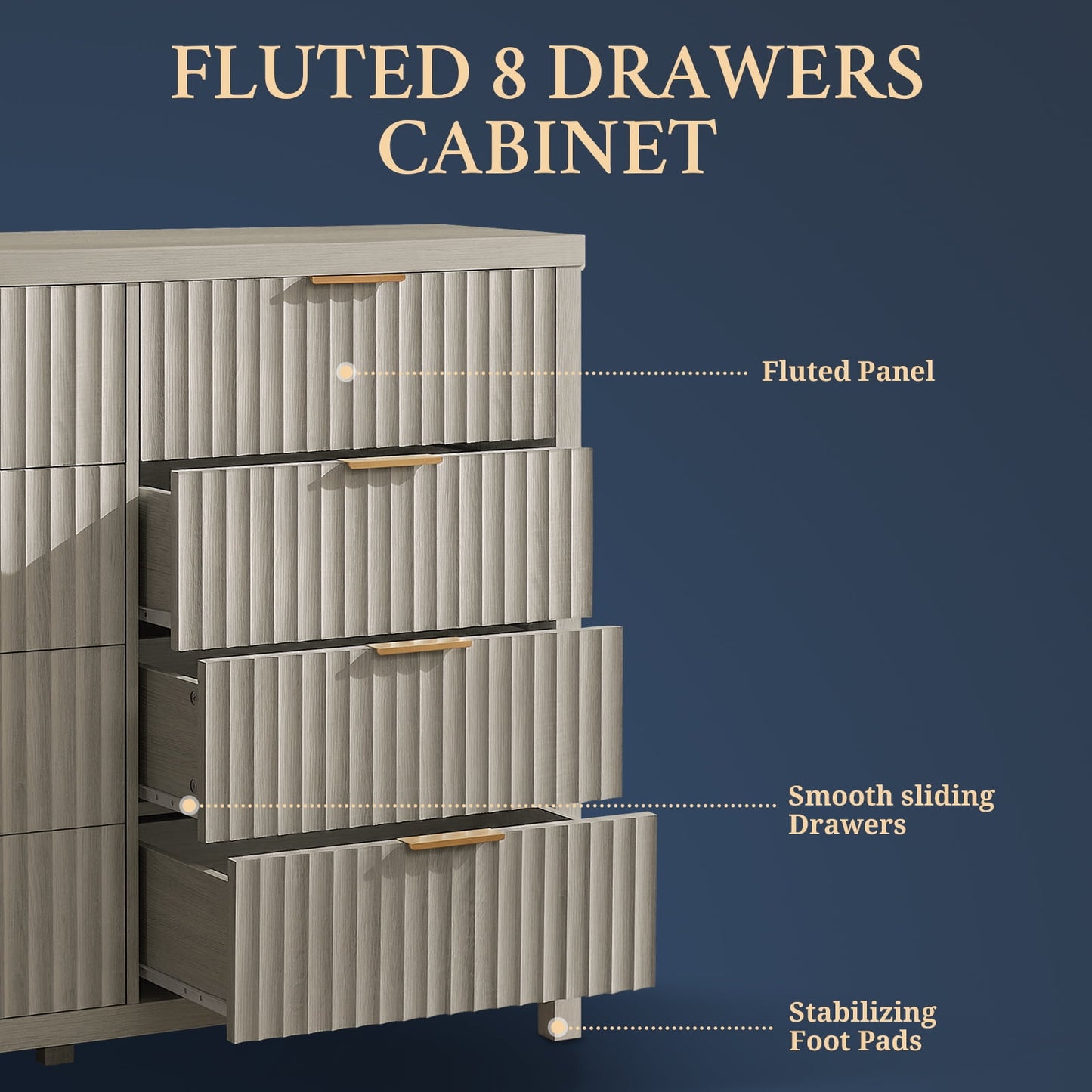 OAKHAM 8 Drawer Dresser, Fluted Wide Chest of Drawers for Bedroom Living Room, Gray Oak