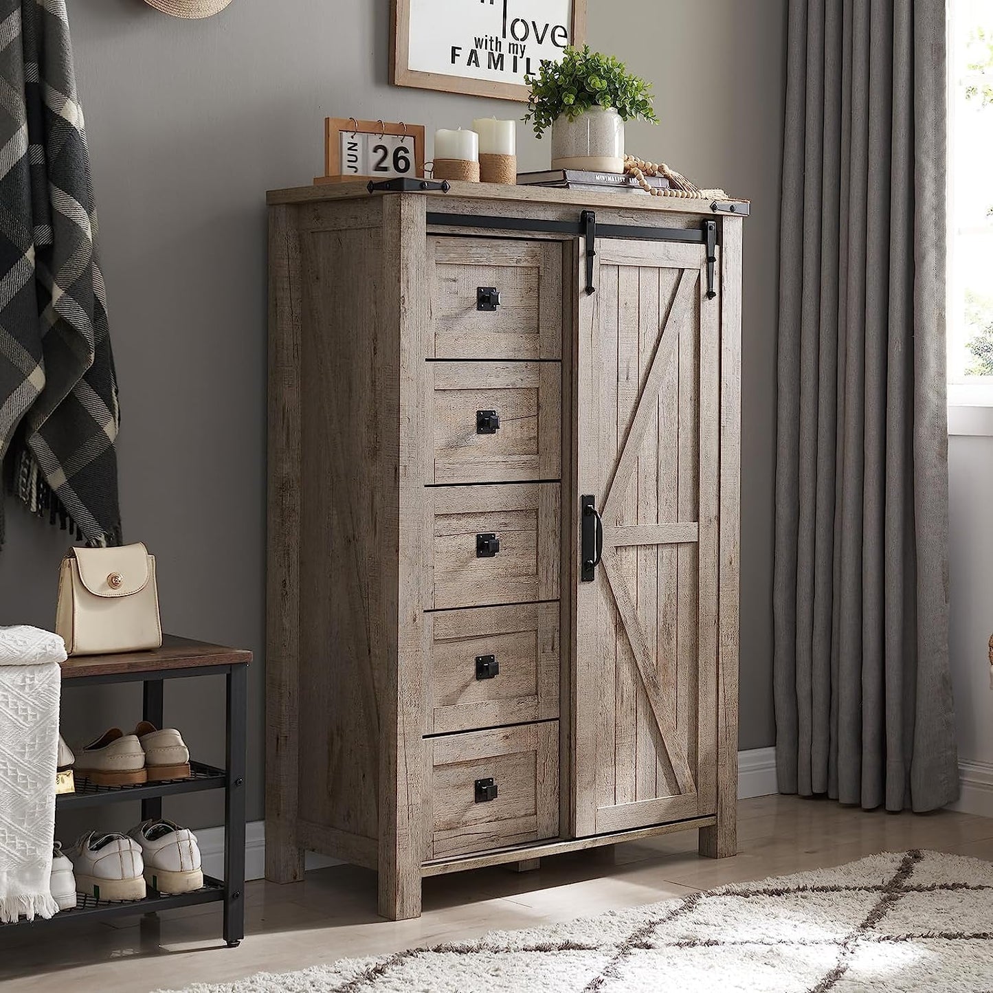 Extra Savings! OKD Farmhouse Tall 5-Drawer Dresser with Sliding Barn Door, Bedroom Storage Cabinet, Light Rustic Oak - Walmart.com