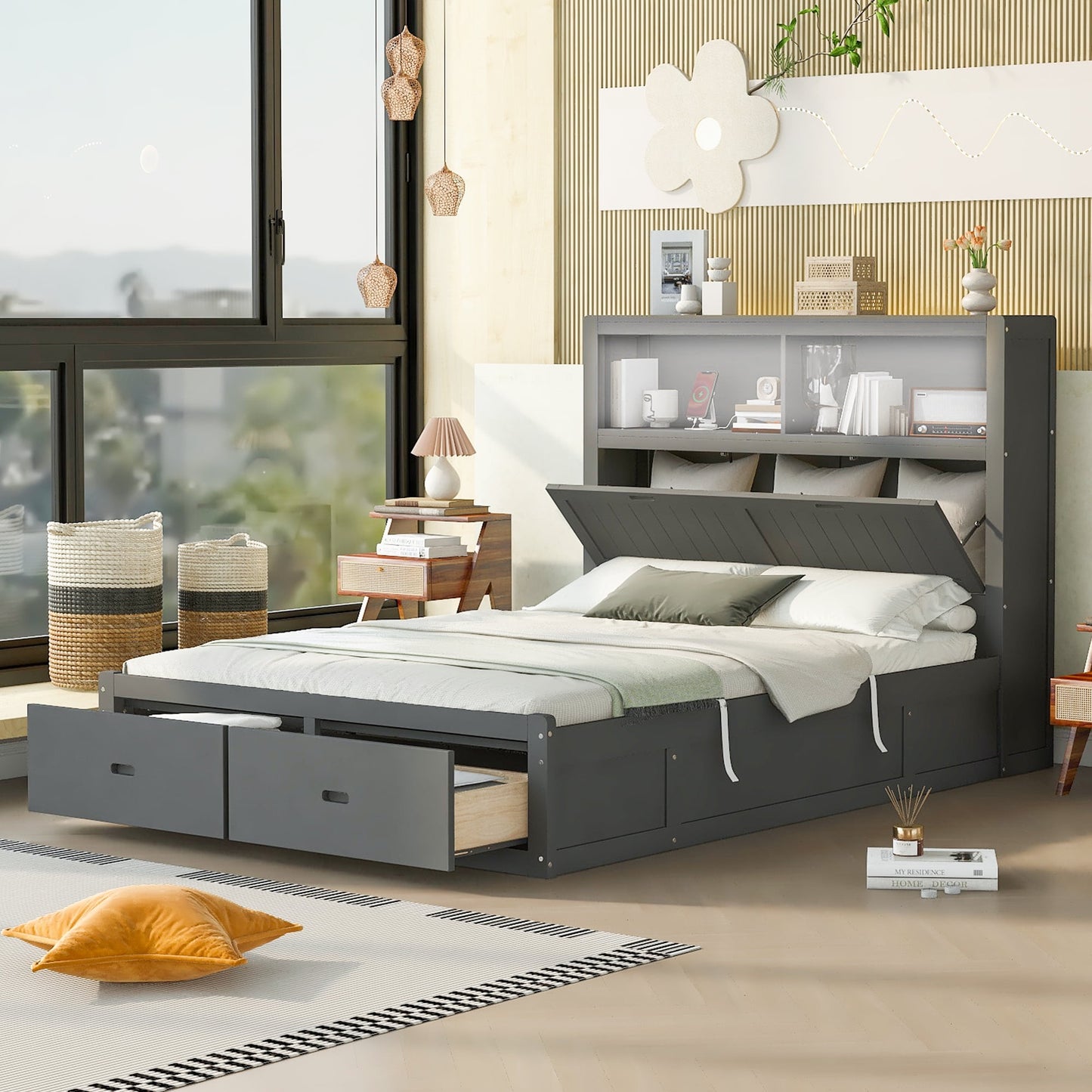 EUROCO Queen Size Platform Bed with Lift up Storage and LED Headboard, USB Charging Station and 2 Drawers, Gray