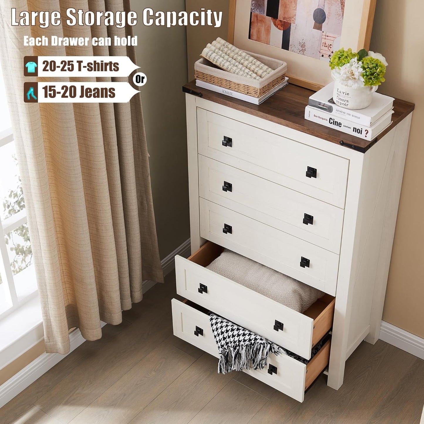 OKD 5 Drawer Farmhouse Dresser Chest for Living Room & Bedroom, Vertical Storage Cabinet, Rustic Wood, off White